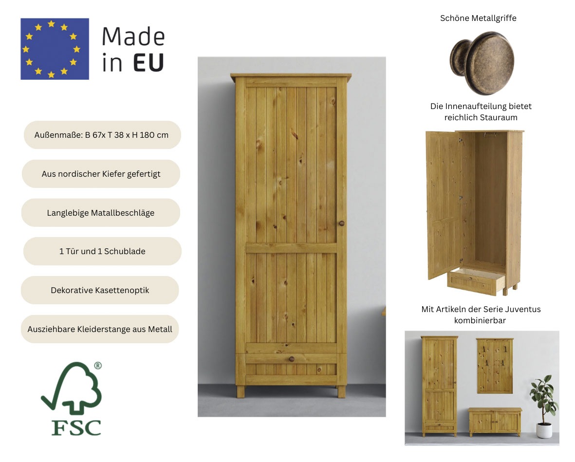 Home affaire Garderobenschrank »Juventus« 1 Stk. tlg. aus massiver Kiefer, Breite  67cm, mit Kleiderstange