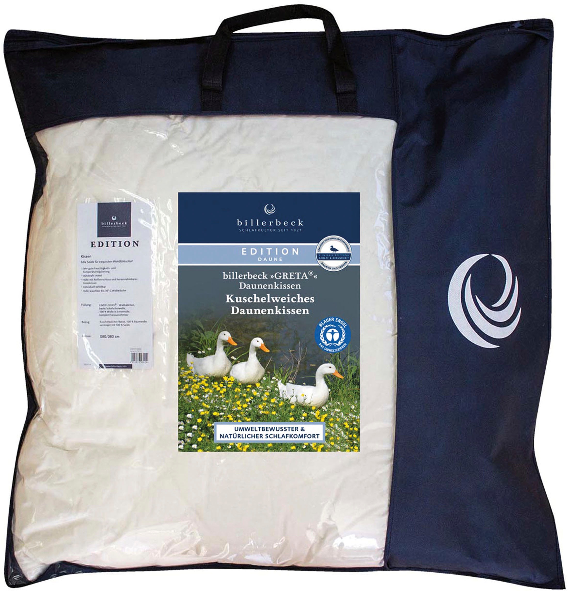 billerbeck Federkopfkissen »E14 Greta, Kopfkissen 40x80, 70x80, 80x80 cm«, Füllung: Füllung: 85% Entenfeder, 15% Entendaune, Bezug: 100% Baumwolle, (1 St.), Die Daunendecke mit dem blauen Engel