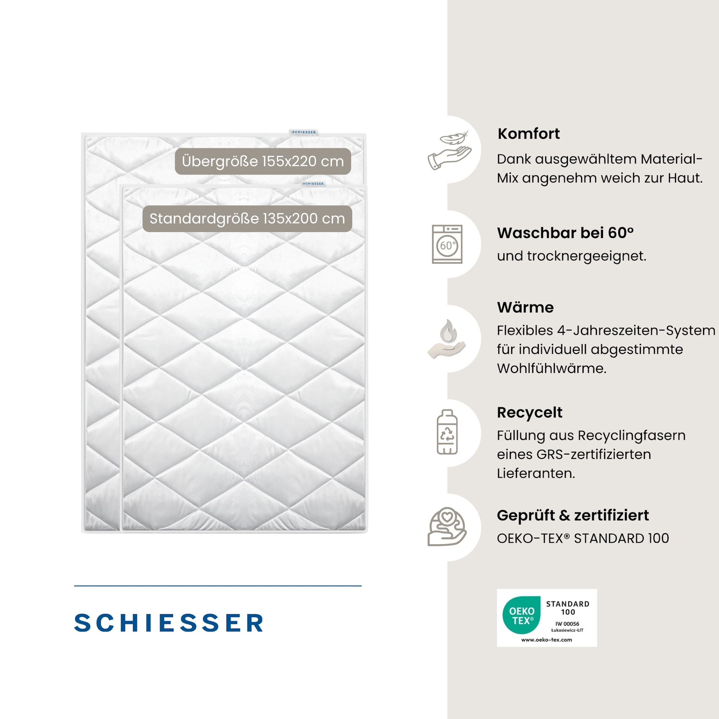 Schiesser 4-Jahreszeitenbett »Lykke - 2 zusammenknöpfbare Steppdecken für Sommer und Winter« 4-Jahreszeiten 1 Stk. tlg. STANDARD 100 by OEKO-TEX® zertifiziert