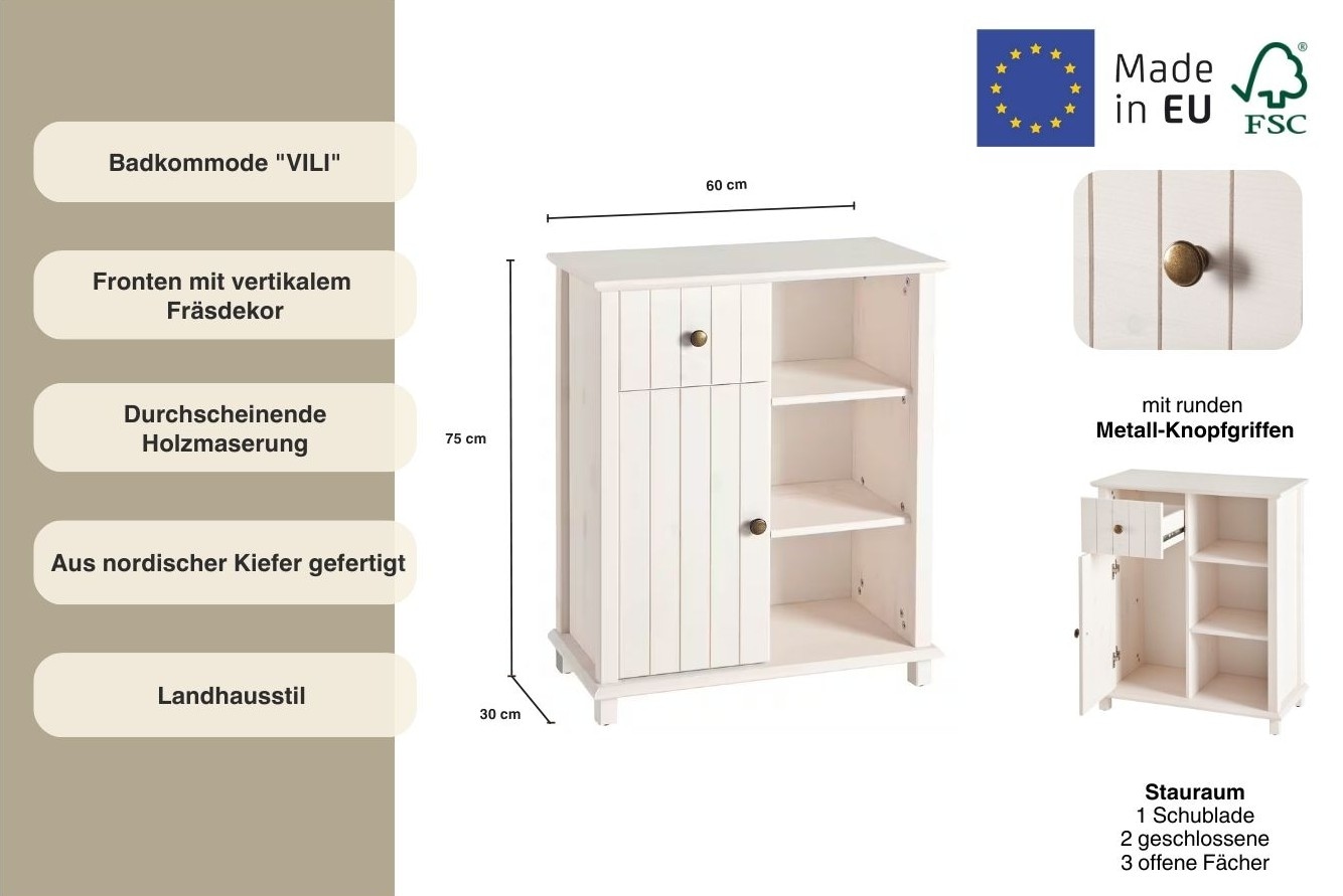 Home affaire Badkommode »Vili«, Badezimmerschrank, Unterschrank, Breite 60 cm, aus Massivholz