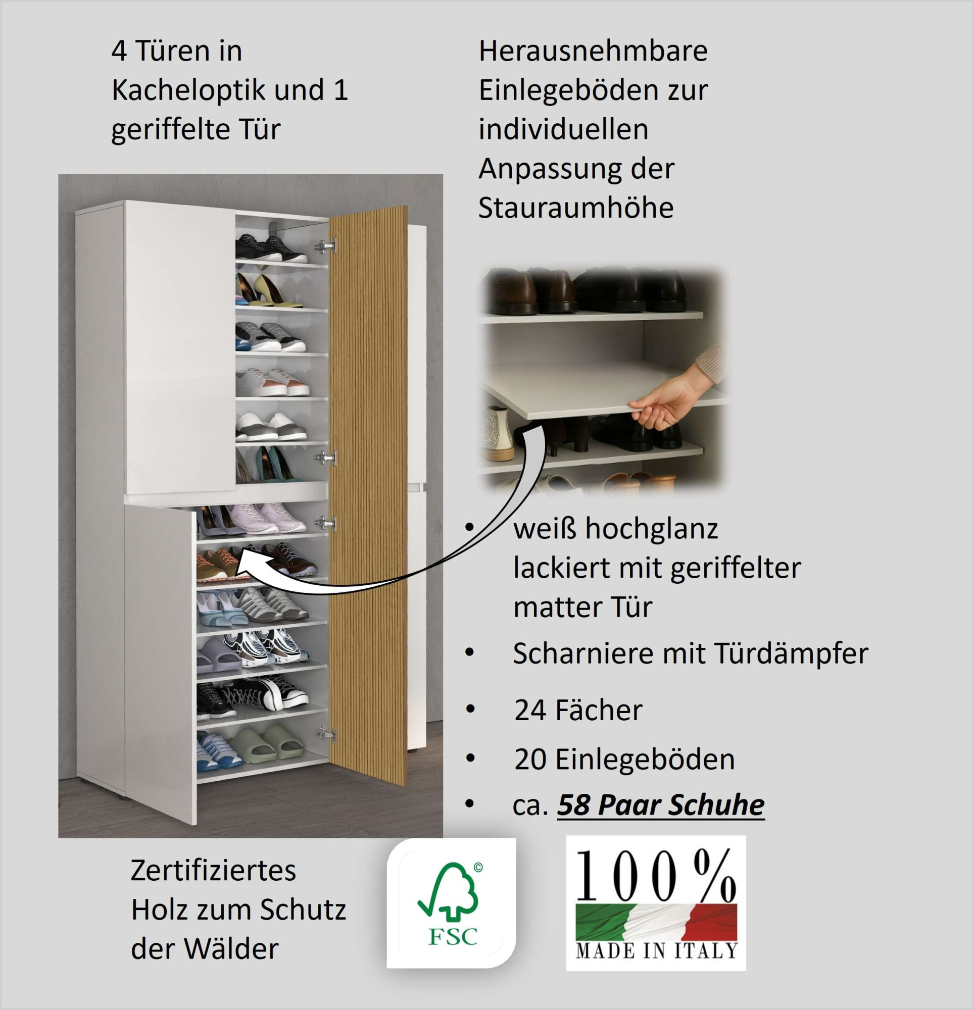 INOSIGN Schuhschrank »LADY, Schuhkommode,Schuhmöbel,Schuhablage,Schuhregal«, mit 20 Einlegeböden, 24 Fächer, Tür mit Rillenoptik, ca.58 paar Schuhe