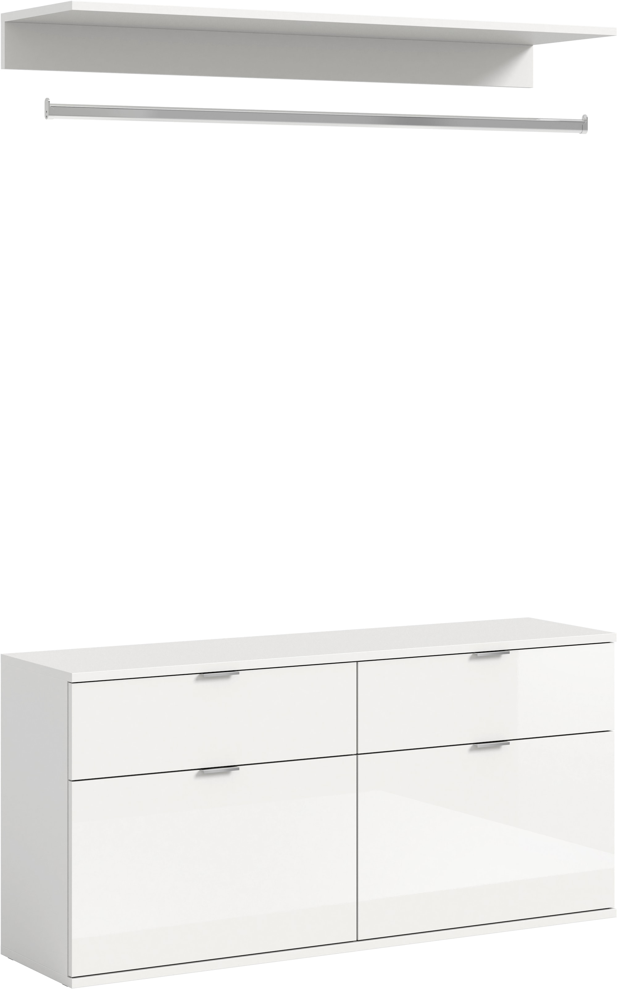 INOSIGN Garderoben-Set »Trondheim, Breite 121 cm, best. aus Kommode, Garderobenstange & Ablage« 3 Stk. tlg. Korpus/Front: weiß/weiß Hochglanz Maße...