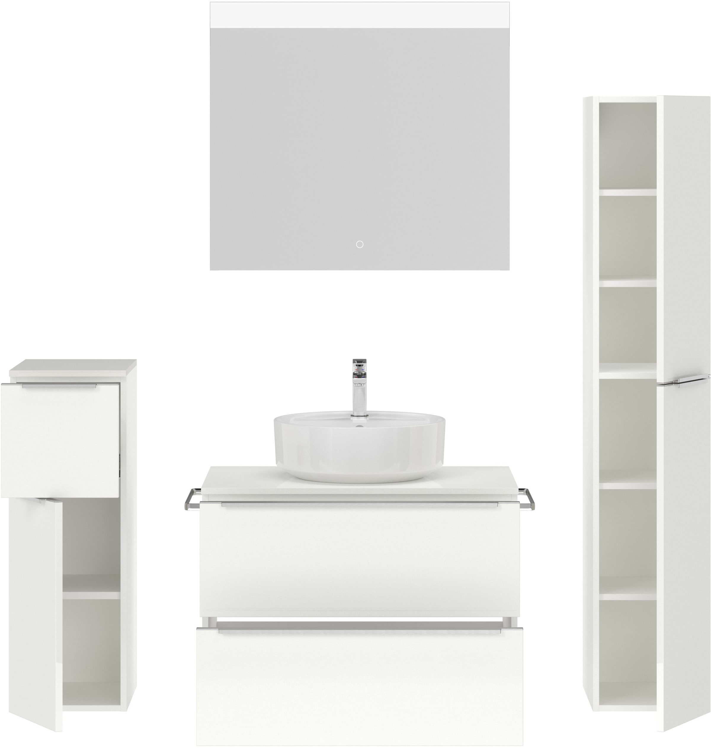 nobilia® Badmöbel-Set »Alvene«, (4 St., vormontiert, mit Soft-Close), Hochglanz, inkl. Spiegel mit Touch-Sensor, in vier Breiten