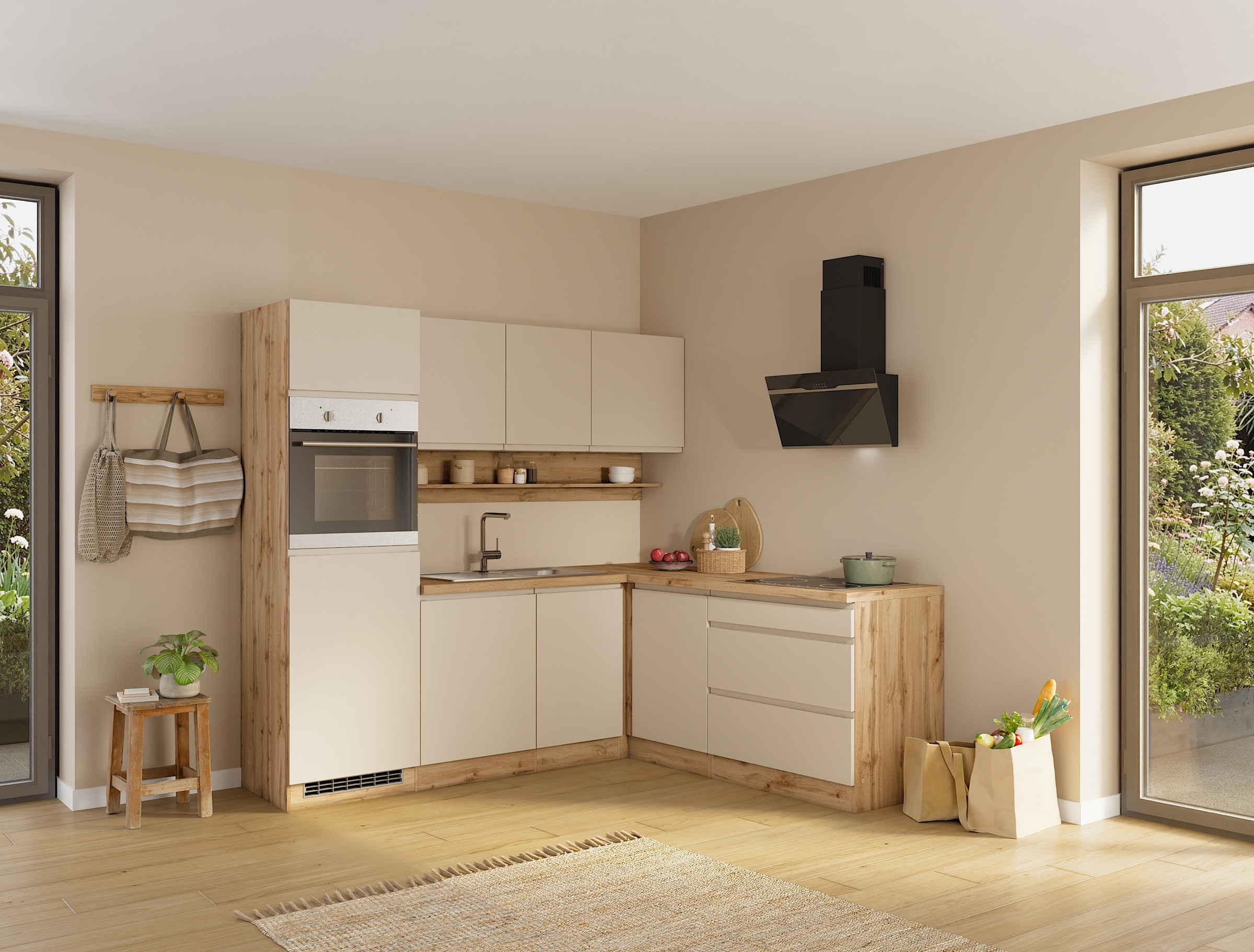 KOCHSTATION Winkelküche »KS-Virginia,neu in verbesserter Ausführung« Arbeitsplatte 38 mm stark, Stauraum, Softclose,  Stellbreite 230/190 cm, Soft-Close,wahlweise mit E-Geräten