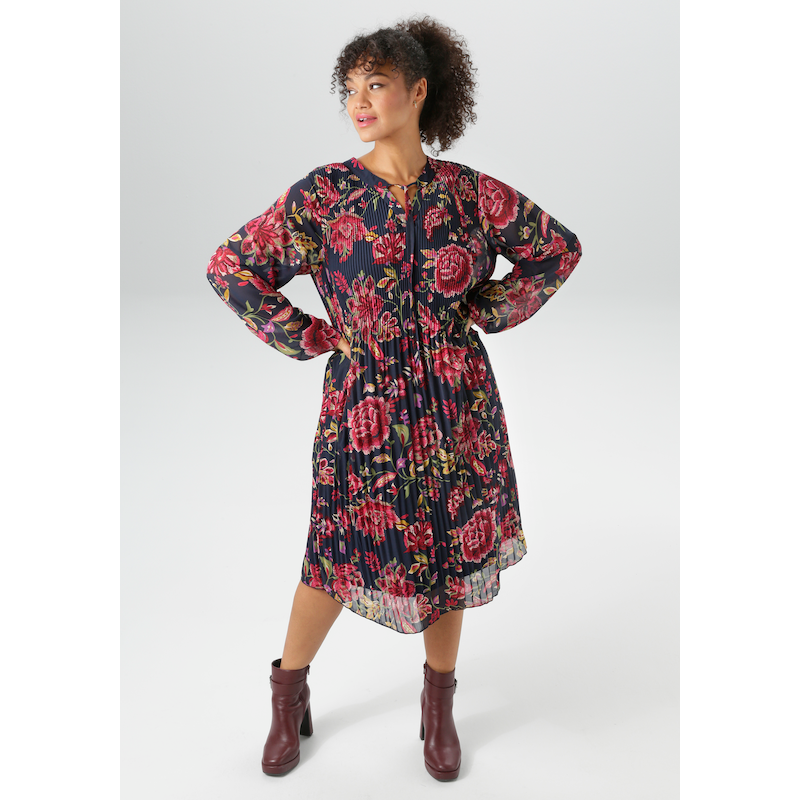 ANISTON PLUS Sommerkleid in Alloverprint - NEUE KOLLEKTION marine-bordeaux-gelb 54 - N-Gr N-Gr 54 Elastischer Plissee mit Alloverprint