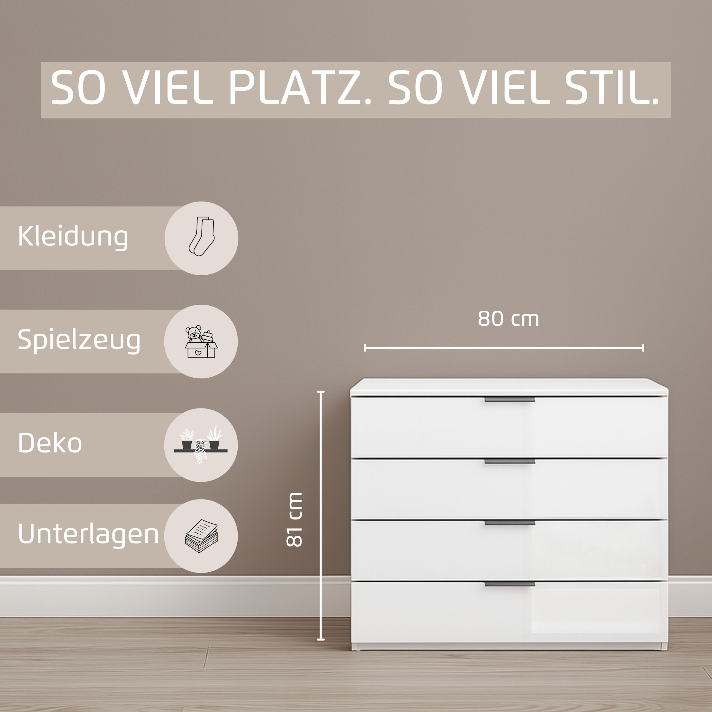 rauch Schubkastenkommode »Sideboard Schubladenkommode Schubladenkommode AGORDO mit Glasfront«, (in zwei Griff-Farben, Breite 80 cm inkl. Soft-Close-Funktion), vier große und geräumige Schubladen mit viel Stauraum MADE IN GERMANY