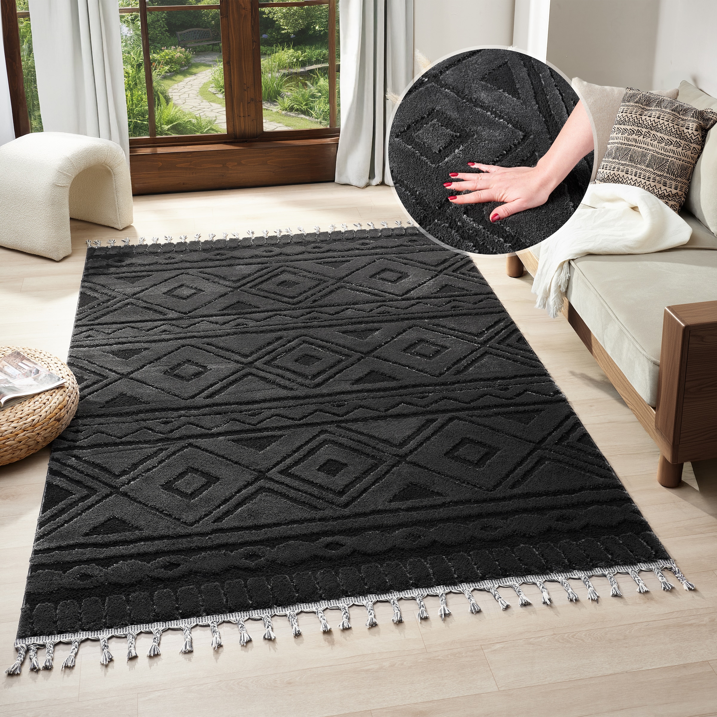 my home Teppich »Bonvo« rechteckig 19 mm Höhe mit Fransen, Hoch-Tief-Struktur, Wohnzimmer, Schlafzimmer, Boho-Style