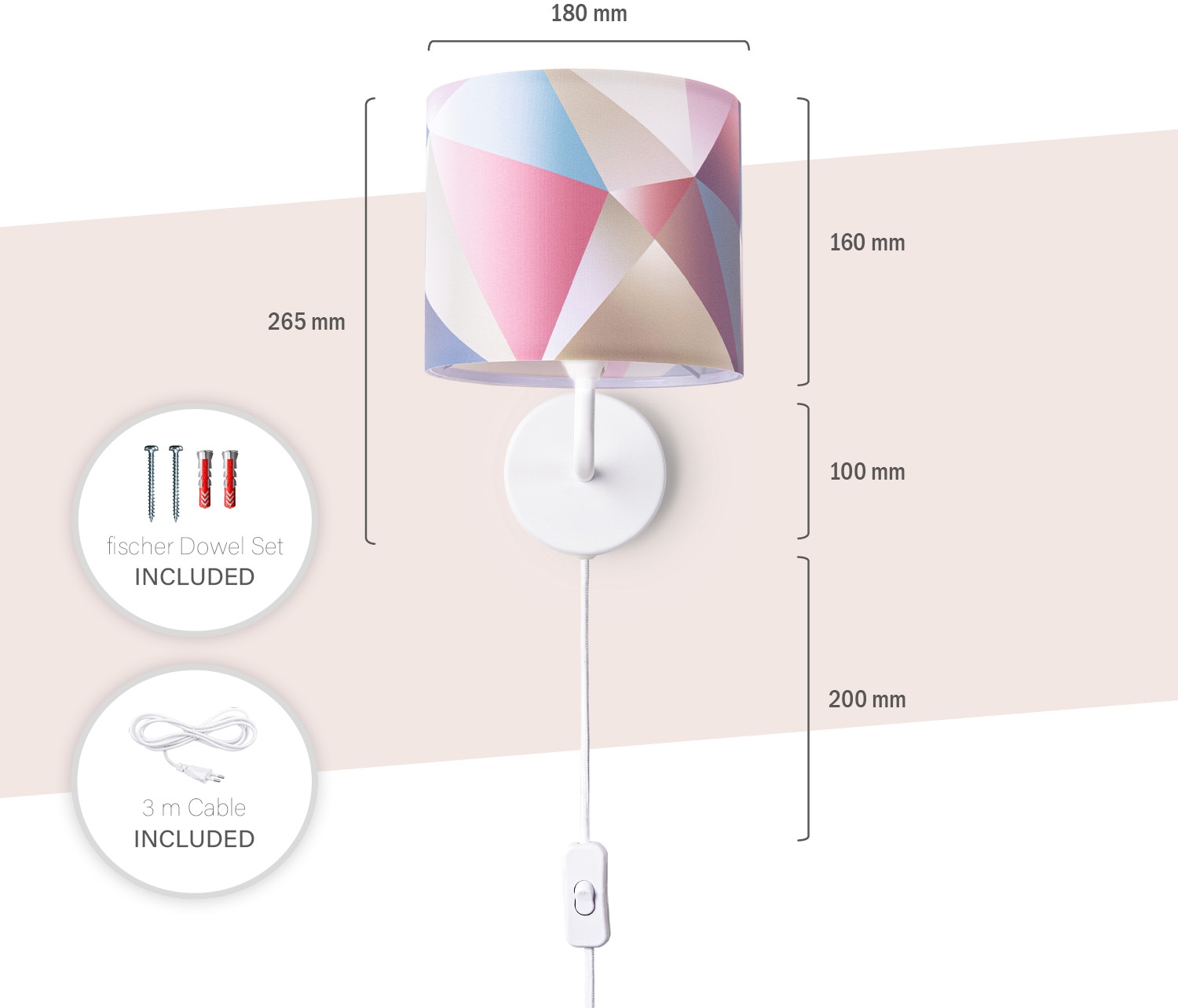 Paco Home Wandleuchte »Kosy 309«, 1 flammig, Leuchtmittel E14 | LED fest integriert, Stecker Flur Lampe Wohnzimmer âˆ…18cm Pastell Deko Kabel 3m E14