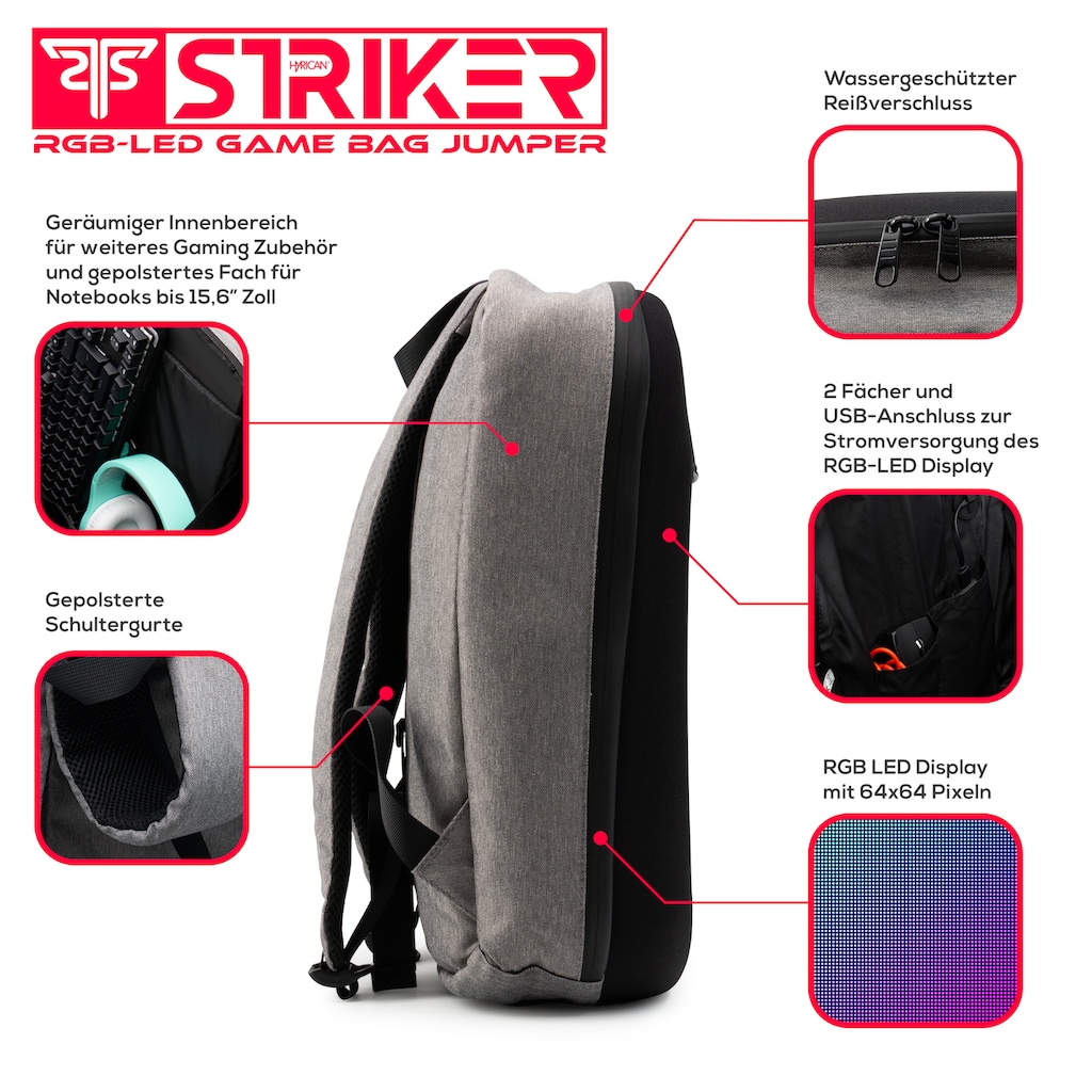 Hyrican Gaming-Laptoprucksack »Striker Game Bag JUMPER NOZ01494, mit App gesteuerte RBG-LEDs, Für Notebooks bis 15,6 Zoll, gepolsterte Schultergurte, besonders widerstandsfähige Hartschale«