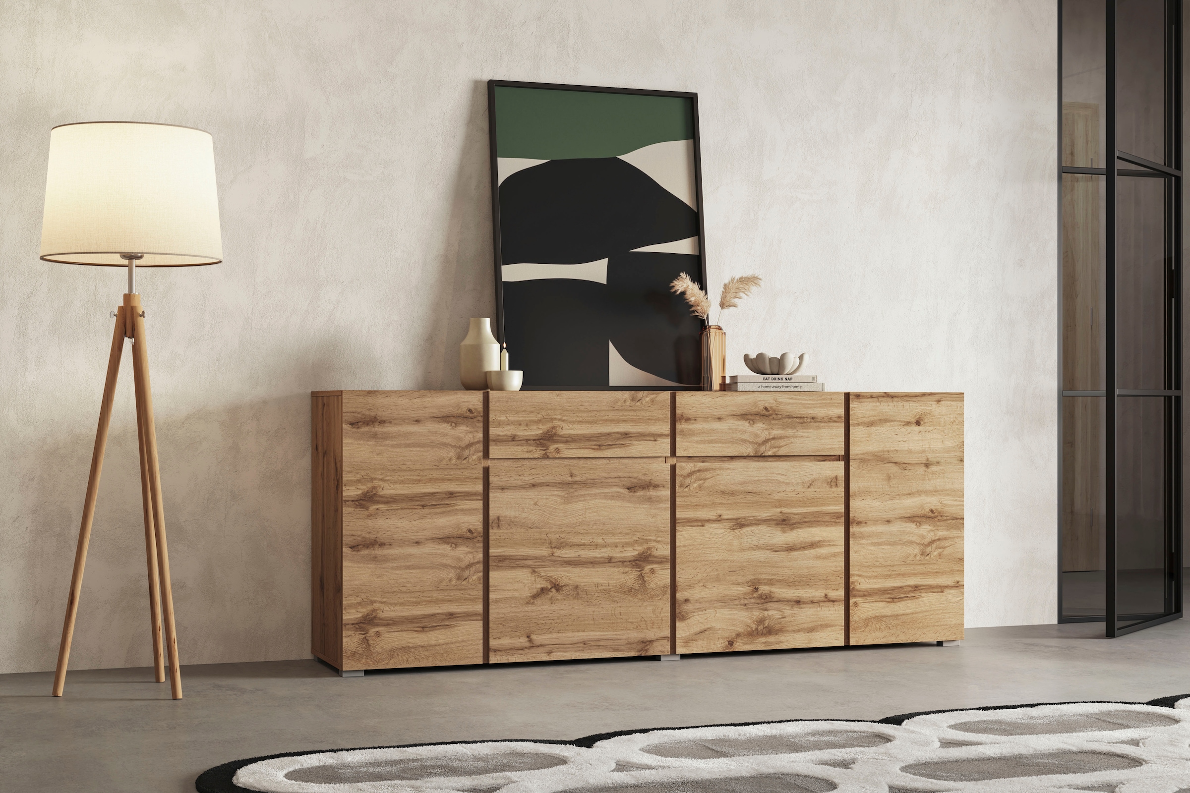 INOSIGN Sideboard »Asymetric, Breite 195 cm, grifflose Kommode 4 Türen/2 Schubkästen«, Schubladenschrank mit viel Stauraum, Einlegeböden verstellbar