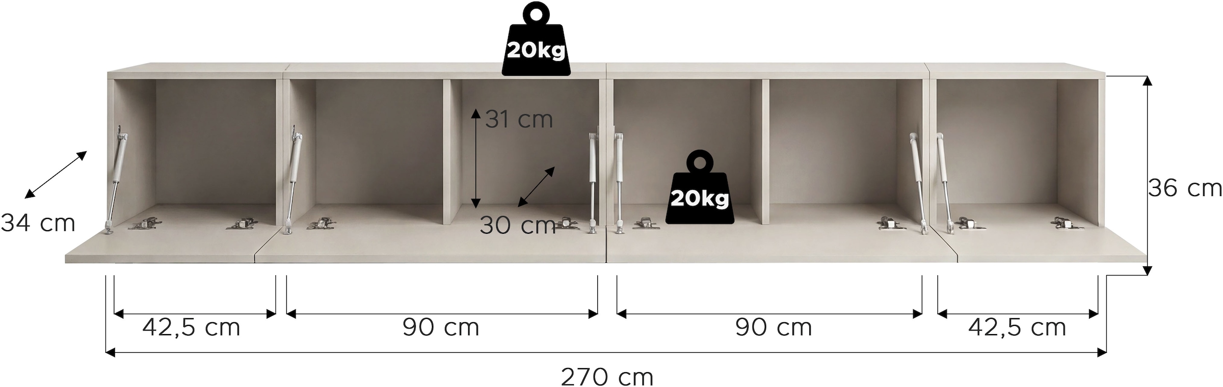OTTO home Lowboard »SPIAGGIA, 4-teiliges Set, Breite 270cm, stehend & hängend montierbar« TV-Möbel, TV-Schrank, TV-Lowboard, Mediaboard