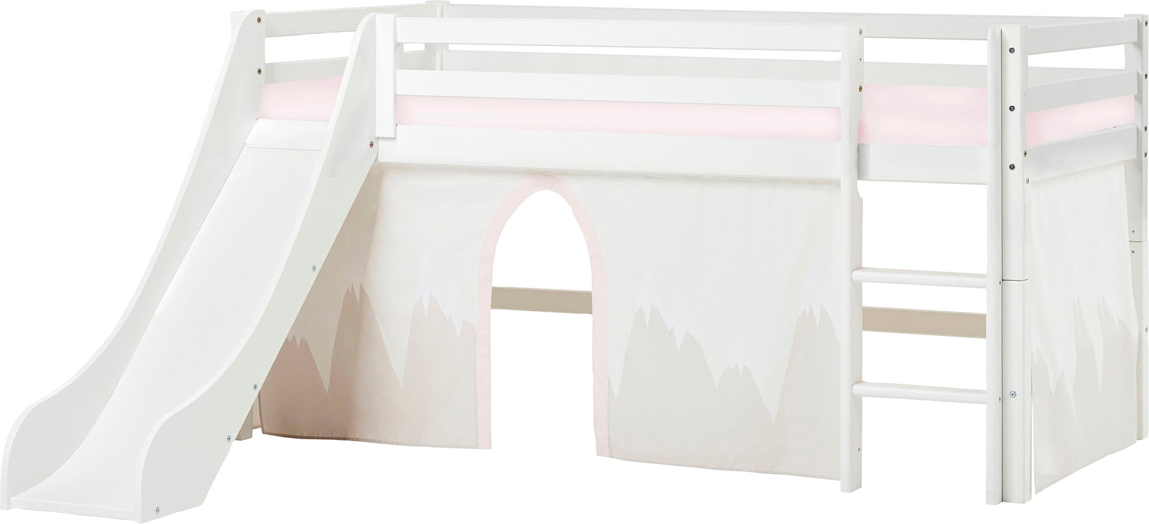 HOPPEKIDS Hochbett »«Winter Wonderland»« Set, 4 Stk. tlg. 90x200 mit Rutsche, Vorhang & Matratze weiß + rosa