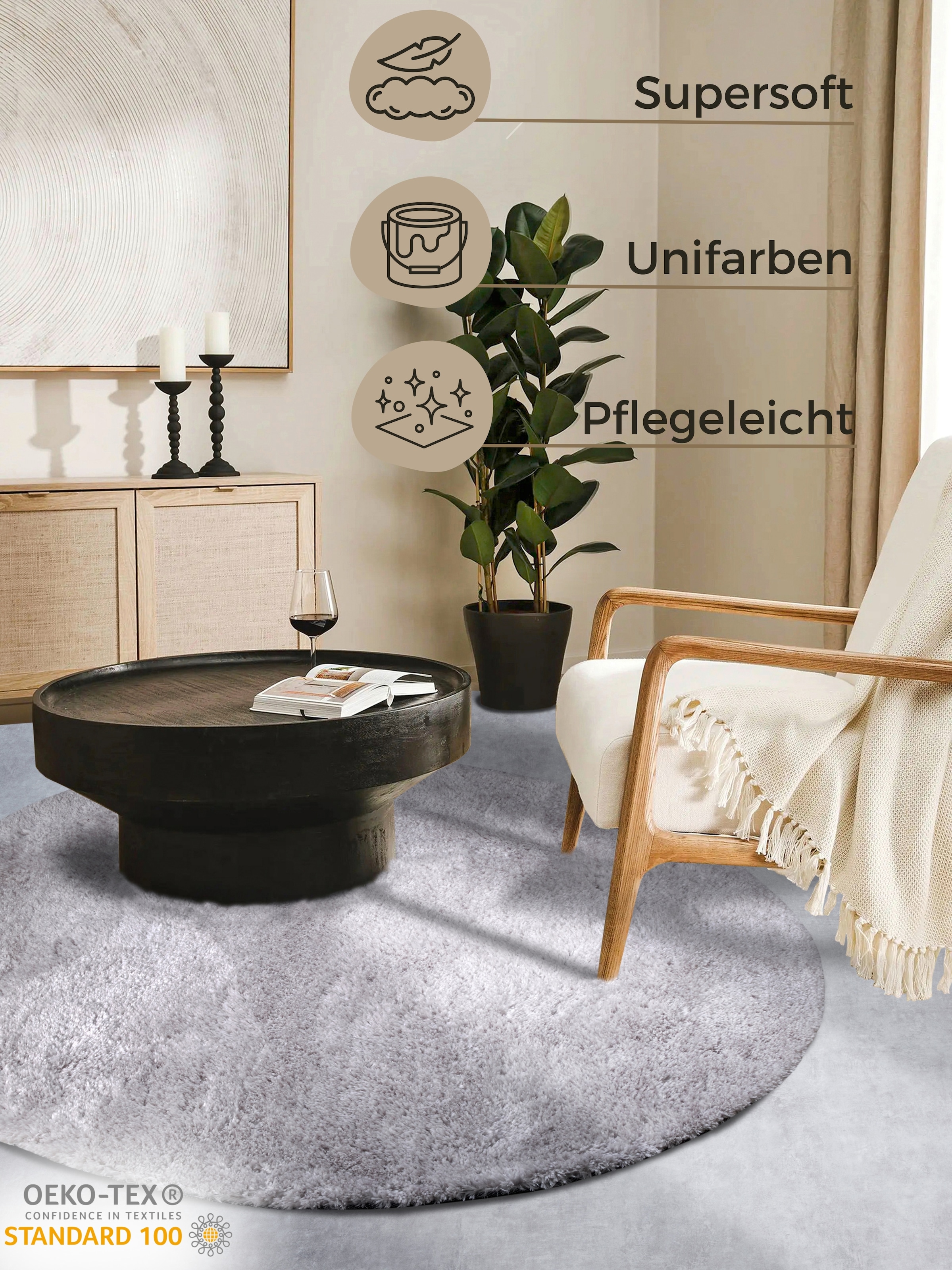 HANSE Home Hochflor-Teppich »Olaf«, rund, 38 mm Höhe, Langflor, Shaggy, einfarbig, flauschig, weich, glänzend, modern, uni