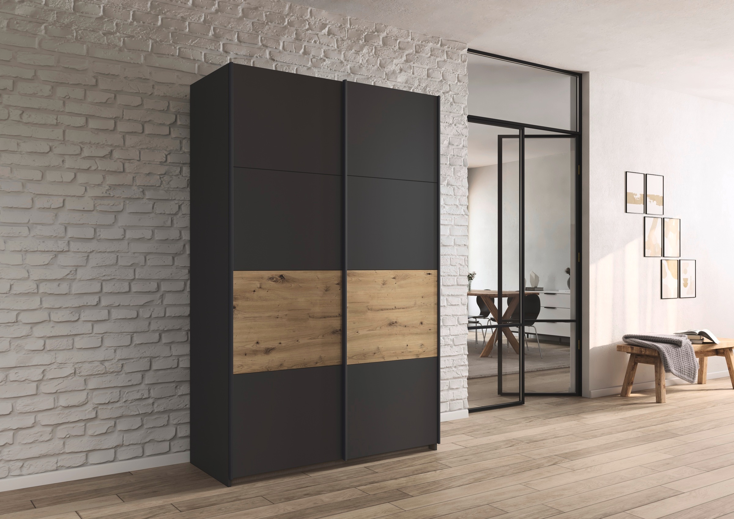 rauch Schwebetürenschrank »Kleiderschrank Schrank Garderobe Schlafzimmerschrank OXFORD«, (in 3 verschiedenen Ausstattungen BASIC/CLASSIC/PREMIUM), mit Griffleisten aus Metall, auch für kleinere Räume MADE IN GERMANY