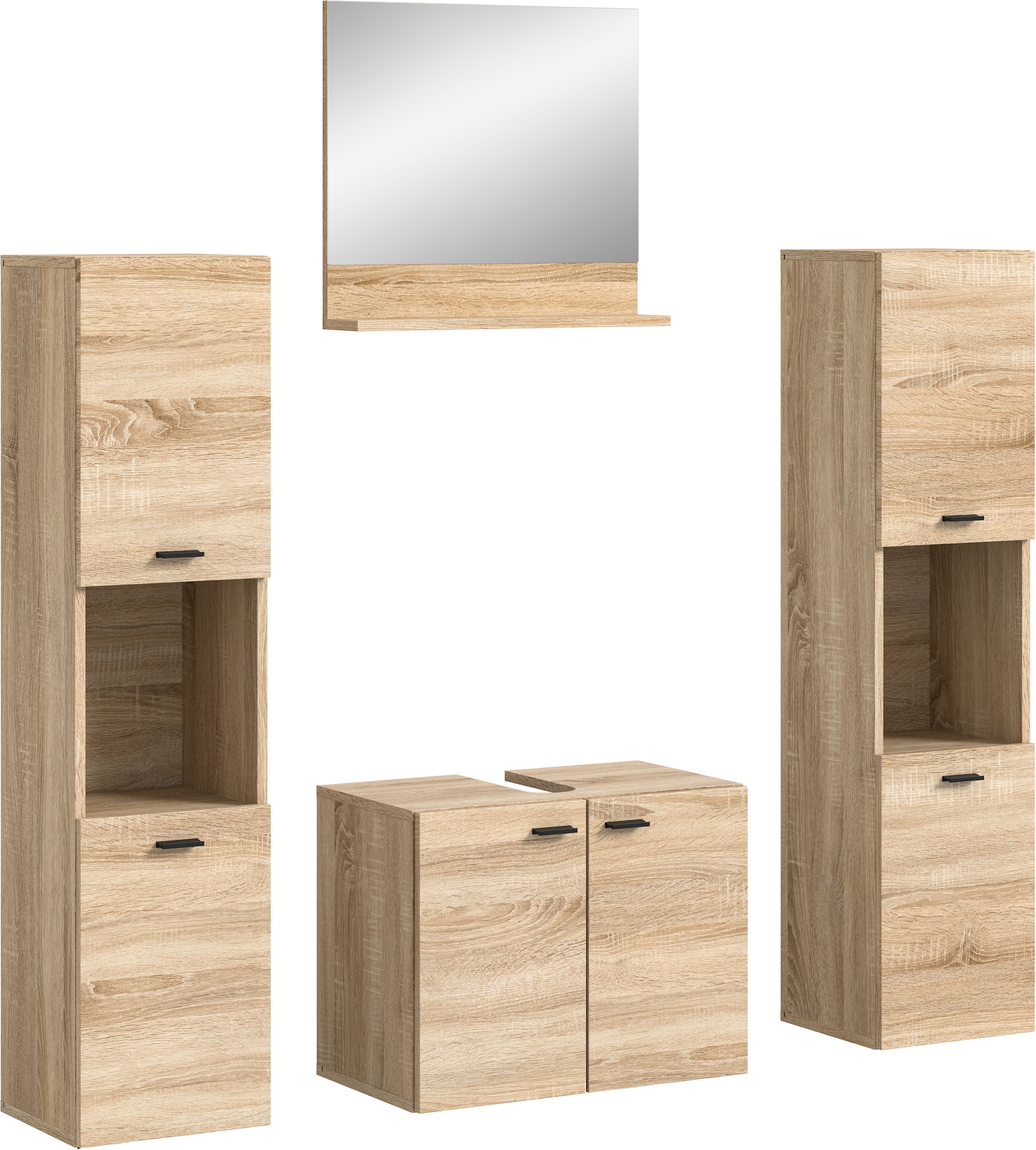 welltime Badmöbel-Set »Tampa, Breite 137cm, 4-teilig«, (4 St.), Waschbeckenunterschrank, Spiegel, Hochschrank