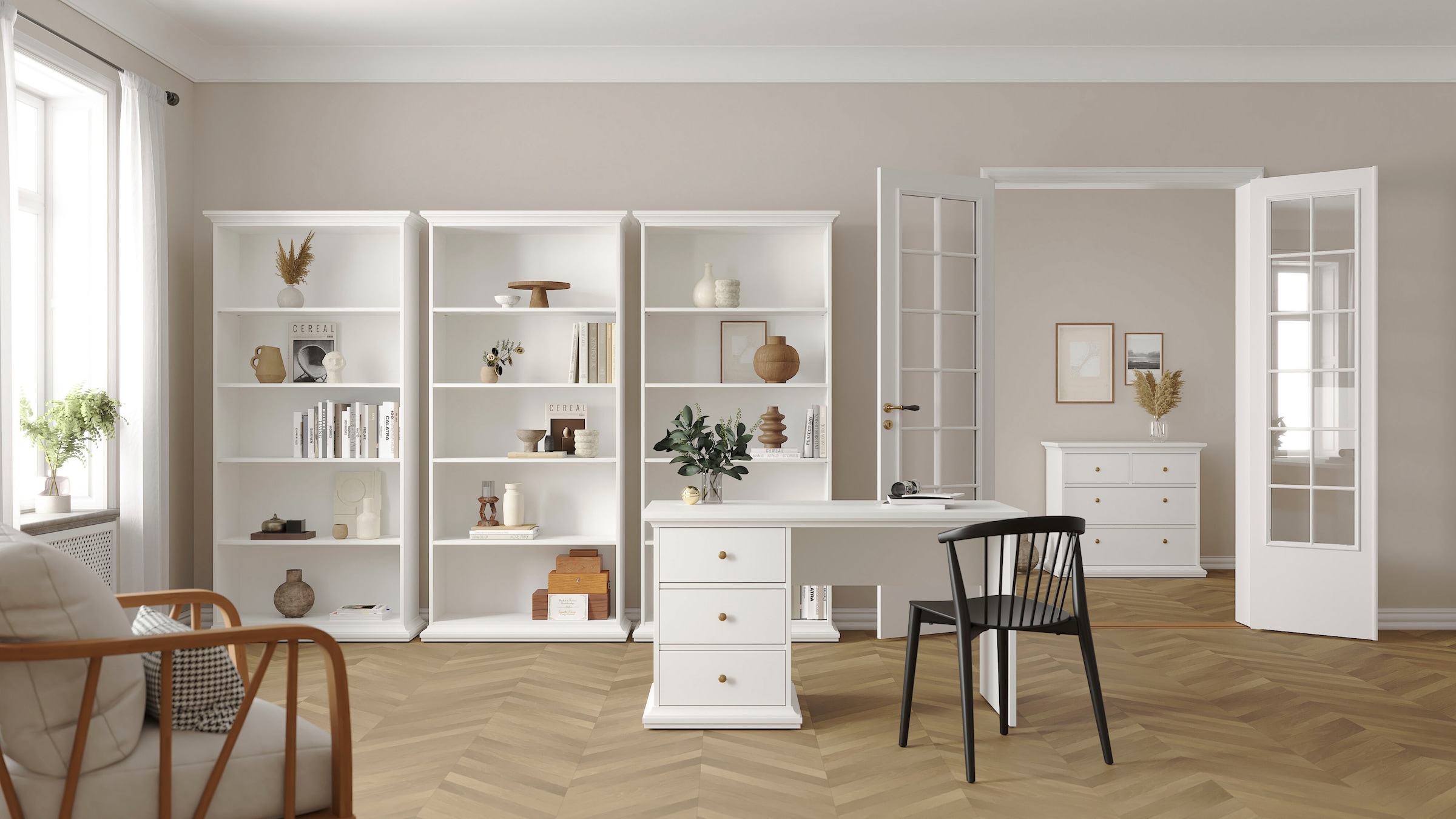 Home affaire Bücherregal »Paris Regal, Standregal, Stauraumregal, Ablageregal, Multifunktional,«, mit 4 Einlegböden, viel Stauraum, Kranzleiste, Höhe 200 cm