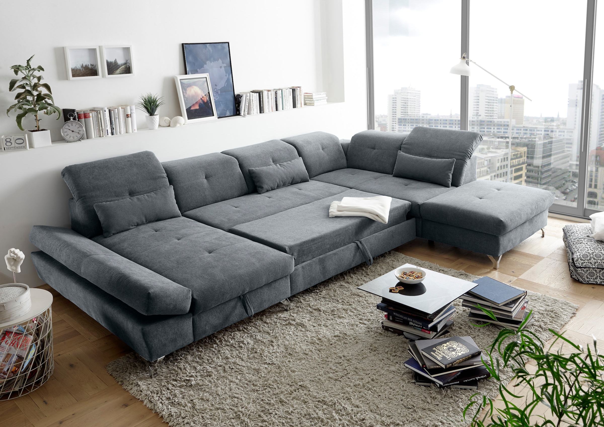ED EXCITING DESIGN Wohnlandschaft »Melfi U-Form mit Bettfunktion, Bettkasten«, Arm- & Kopfteilverstellung & 3 Nierenkissen