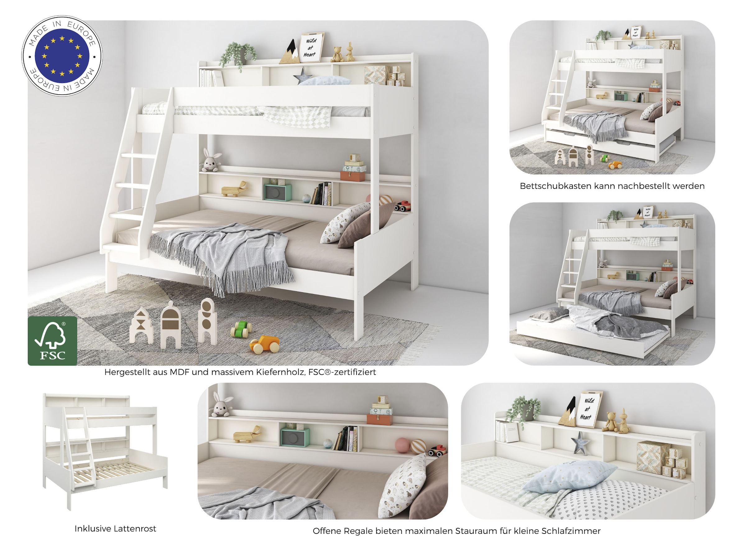 Lüttenhütt Etagenbett »Jaime II, Stockbett, viel Stauraum, mit Regalen, Massivholz mit MDF«, (Oberes Bett 90x200cm, unteres Bett 120x200cm), breite Liegefläche unten, FSC®, Made EU, 3. Schlafgelegenheit optional