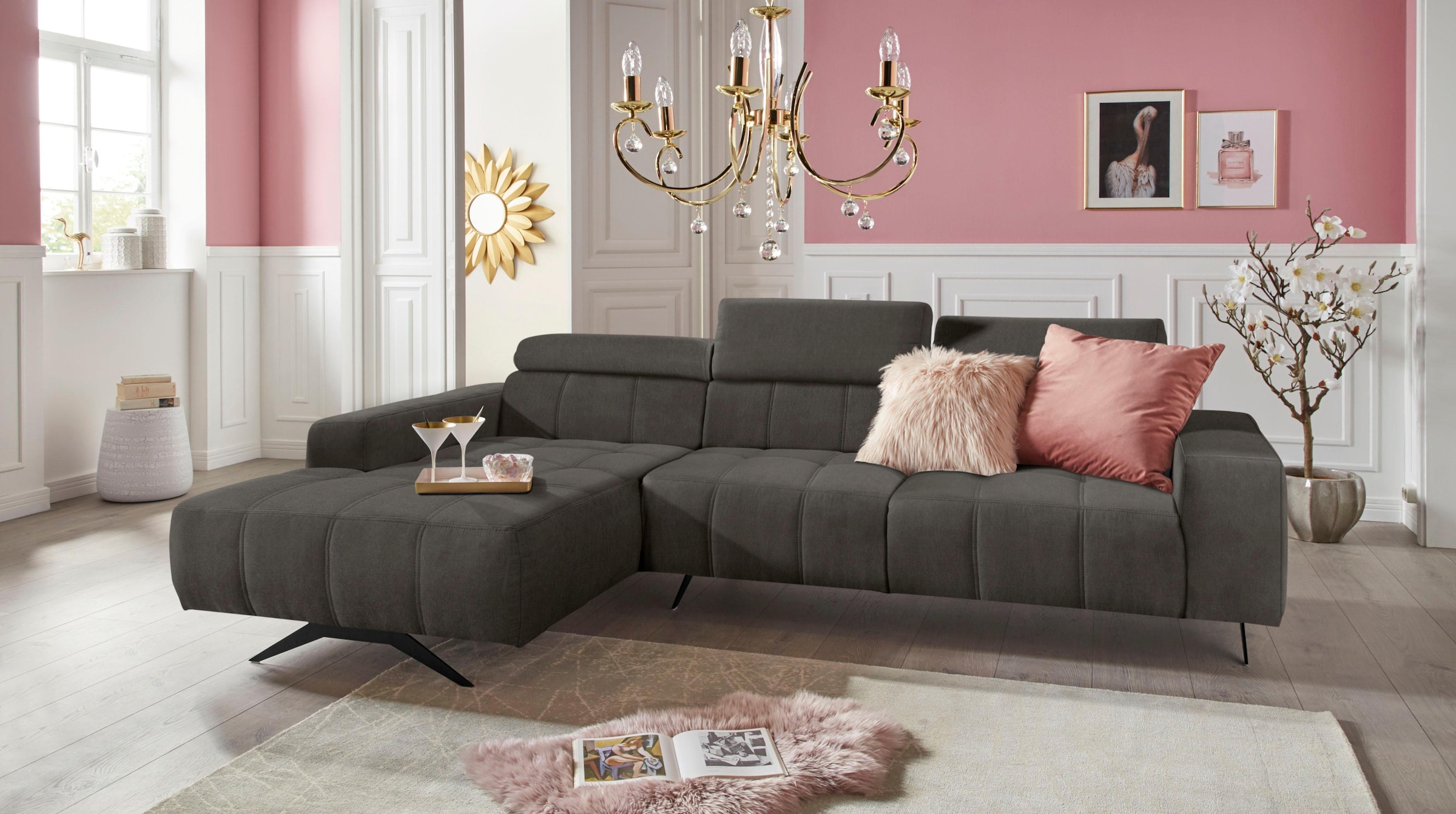DOMO collection Ecksofa »Trento L-Form, mit Kufenfuß oder Einzelfuß«, wahlweise mit Kopfteilverstellung, Recamiere links/rechts bestellbar