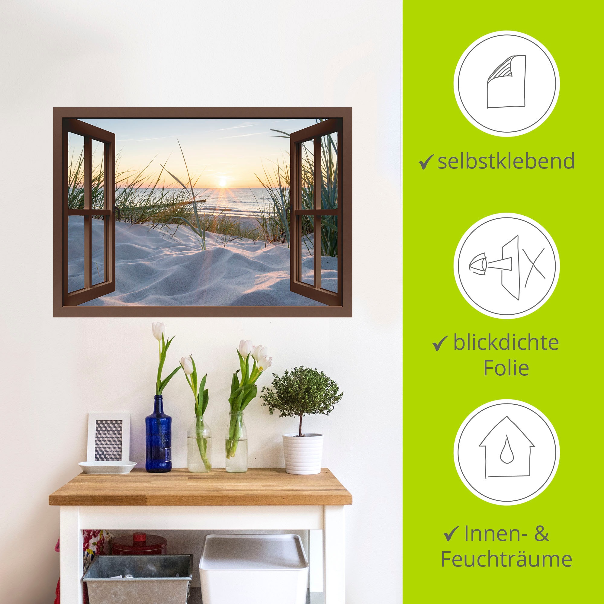 Artland Wandbild »Ostseestrand durchs Fenster«, Meer Bilder, (1 St.), als Alubild, Outdoorbild, Leinwandbild, Wandaufkleber, versch. Größen