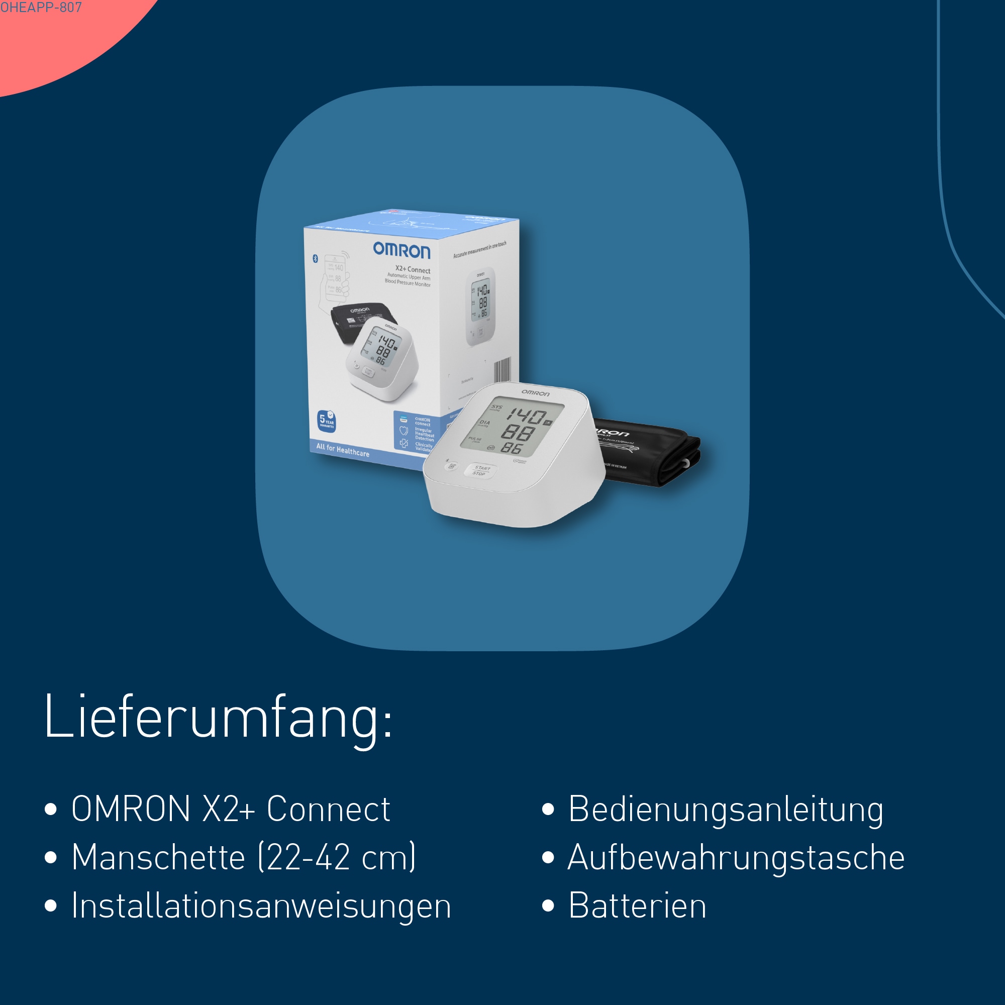 Omron Oberarm-Blutdruckmessgerät »X2+ Connect, Universalmanschette (22-42 cm), mit kostenloser App« Erkennt unregelmäßige Herzschläge, präzise, einfache Anwendung