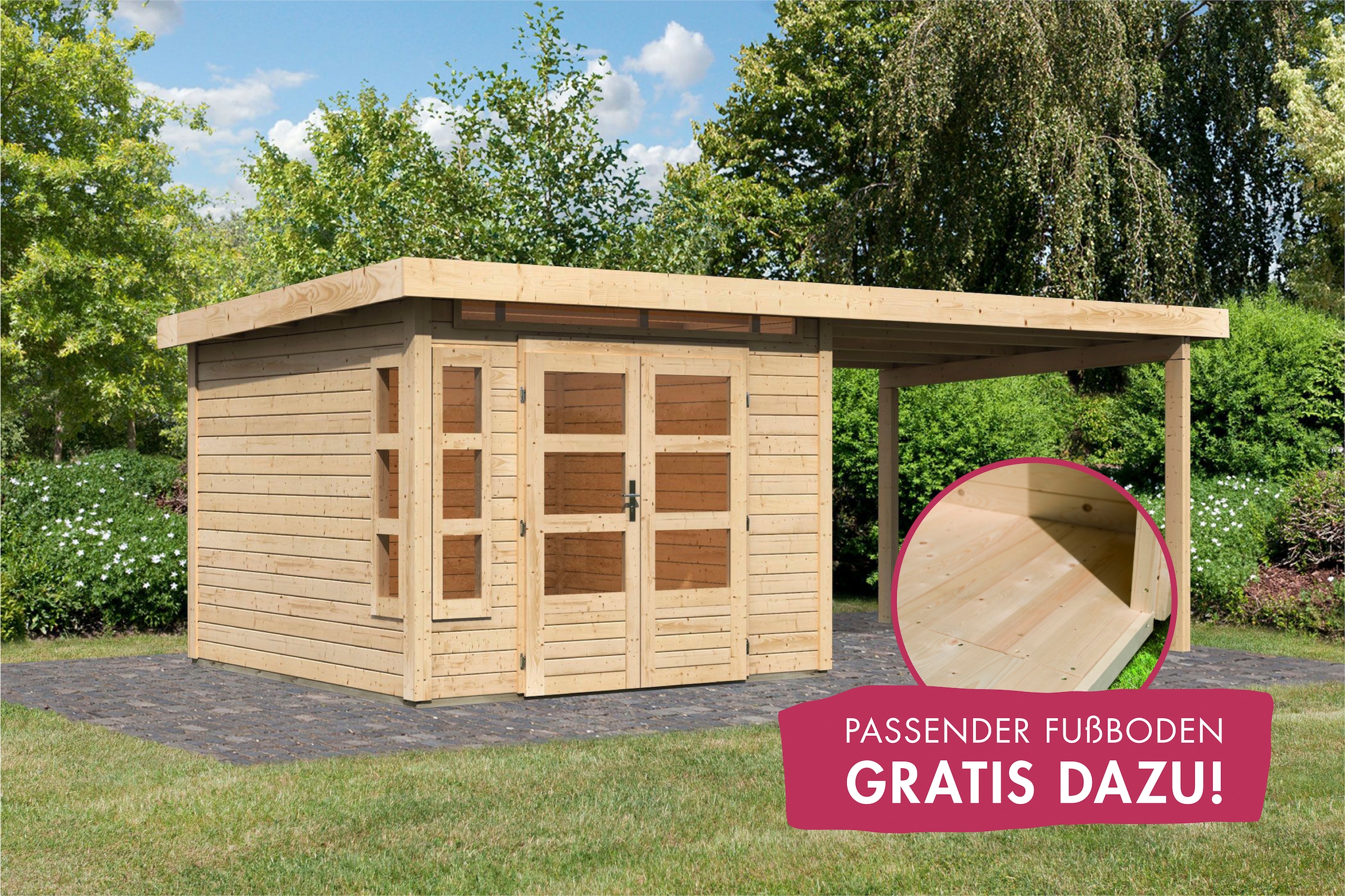 Karibu Gartenhaus »Kolimasee 6«, (Set), mit Anbaudach 3,2 m, naturbelassen