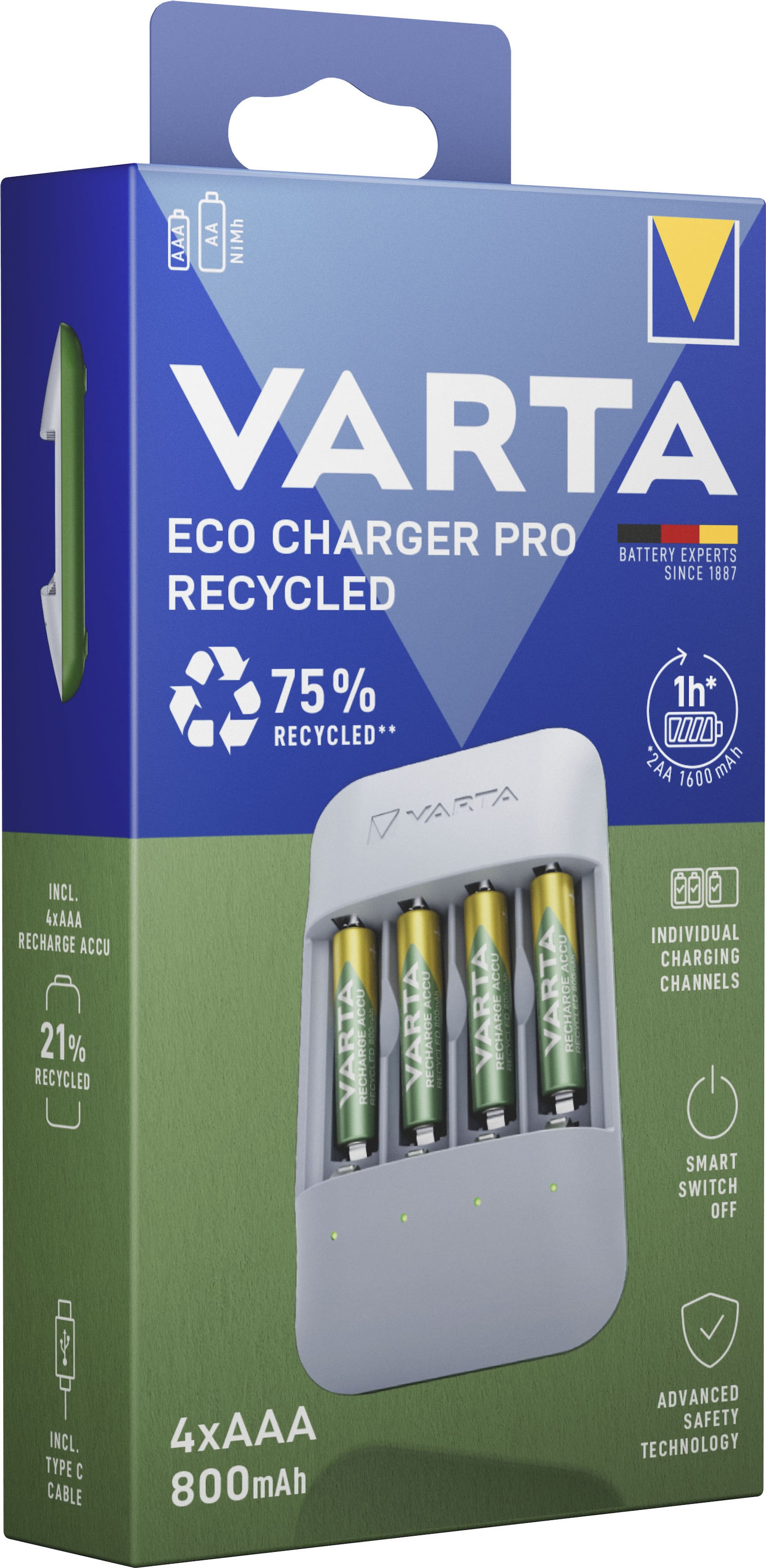 VARTA Batterie-Ladegerät »Eco Charger Pro Recycled + 4x AAA 800 mAh«, 2000 mA, (Packung)