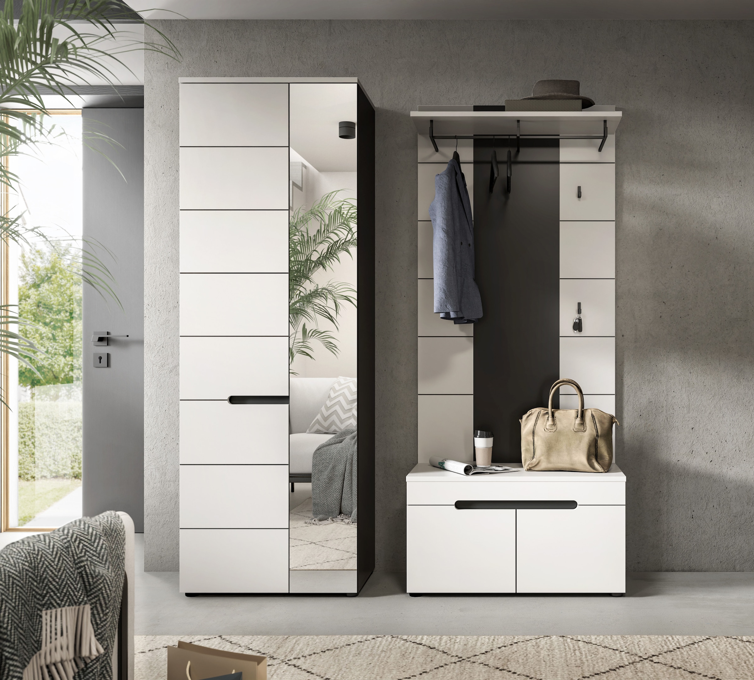 INOSIGN Garderoben-Set, (Set, 3 St., bestehend aus: Garderobenschrank, Sitzbank und Paneel), Garderobenkombination, Kombination, Set, Flurgarderobe, Diele