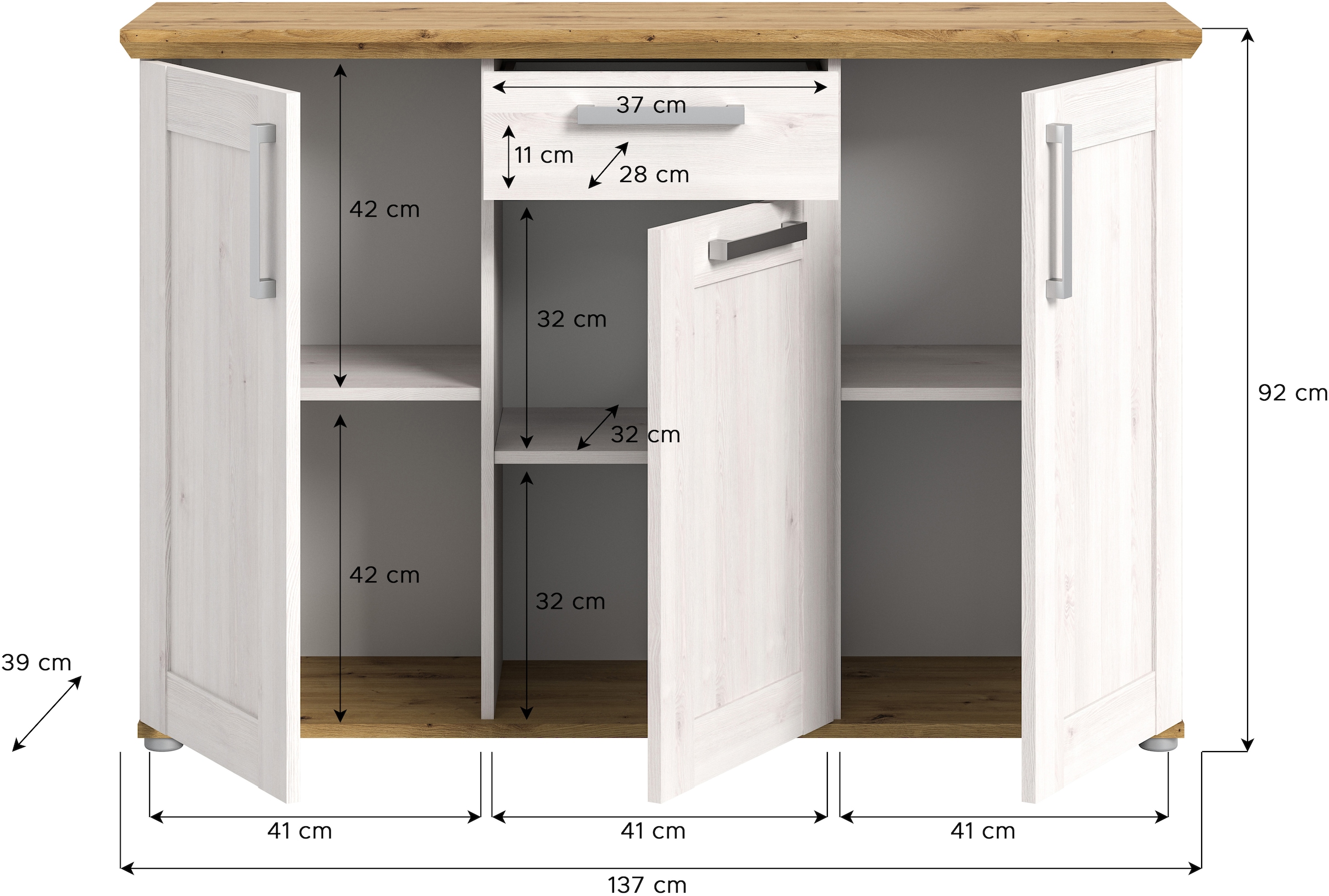 Home affaire Kommode »COSENZA, TOPSELLER!, Breite 137 cm, 3 Türen, 1 Schubkasten«, in Landhausoptik, Anrichte, Schrank, Sideboard
