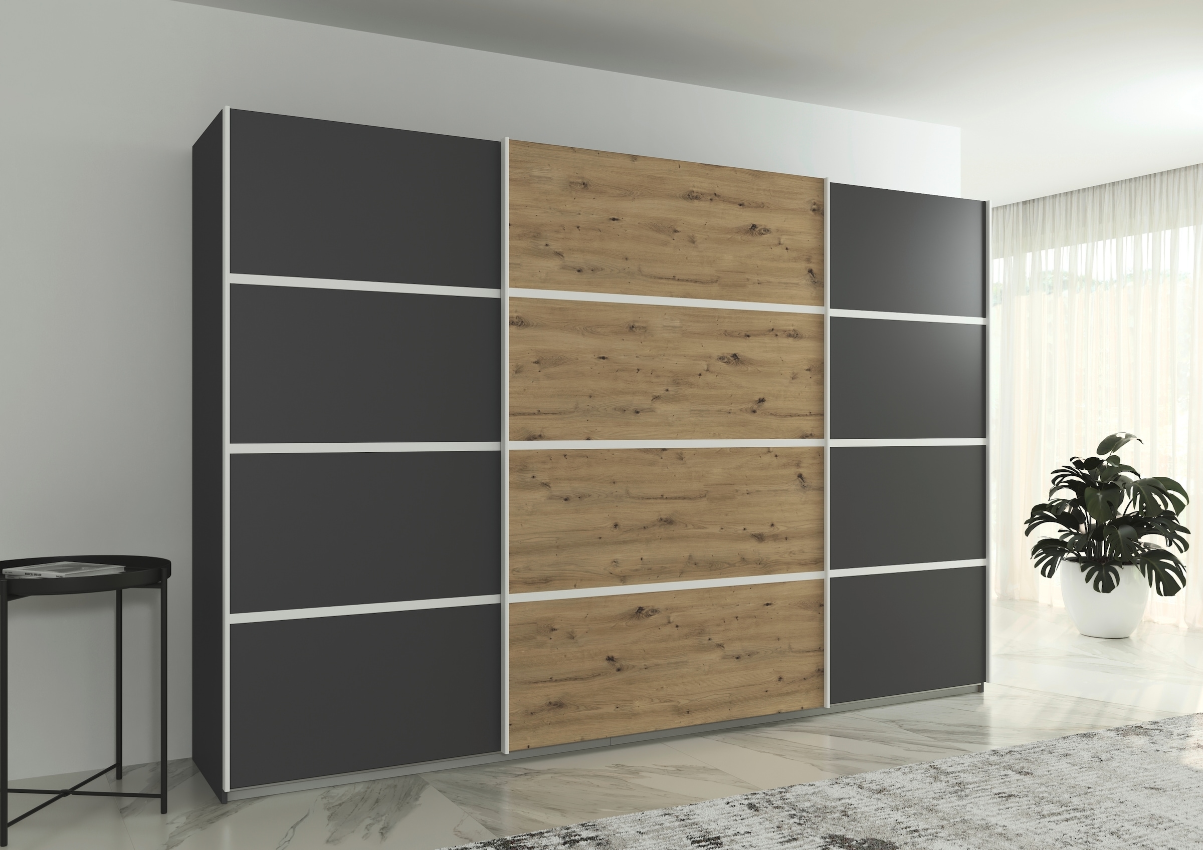 rauch Kleiderschrank »Schwebetürenschrank Garderobe Schrank TOP ANGEBOT Avola«, (in 3 verschiedenen Ausstattungen BASIC/CLASSIC/PREMIUM), mit eleganten Zierleisten in Chrom, Schwarz oder Weiß MADE IN GERMANY