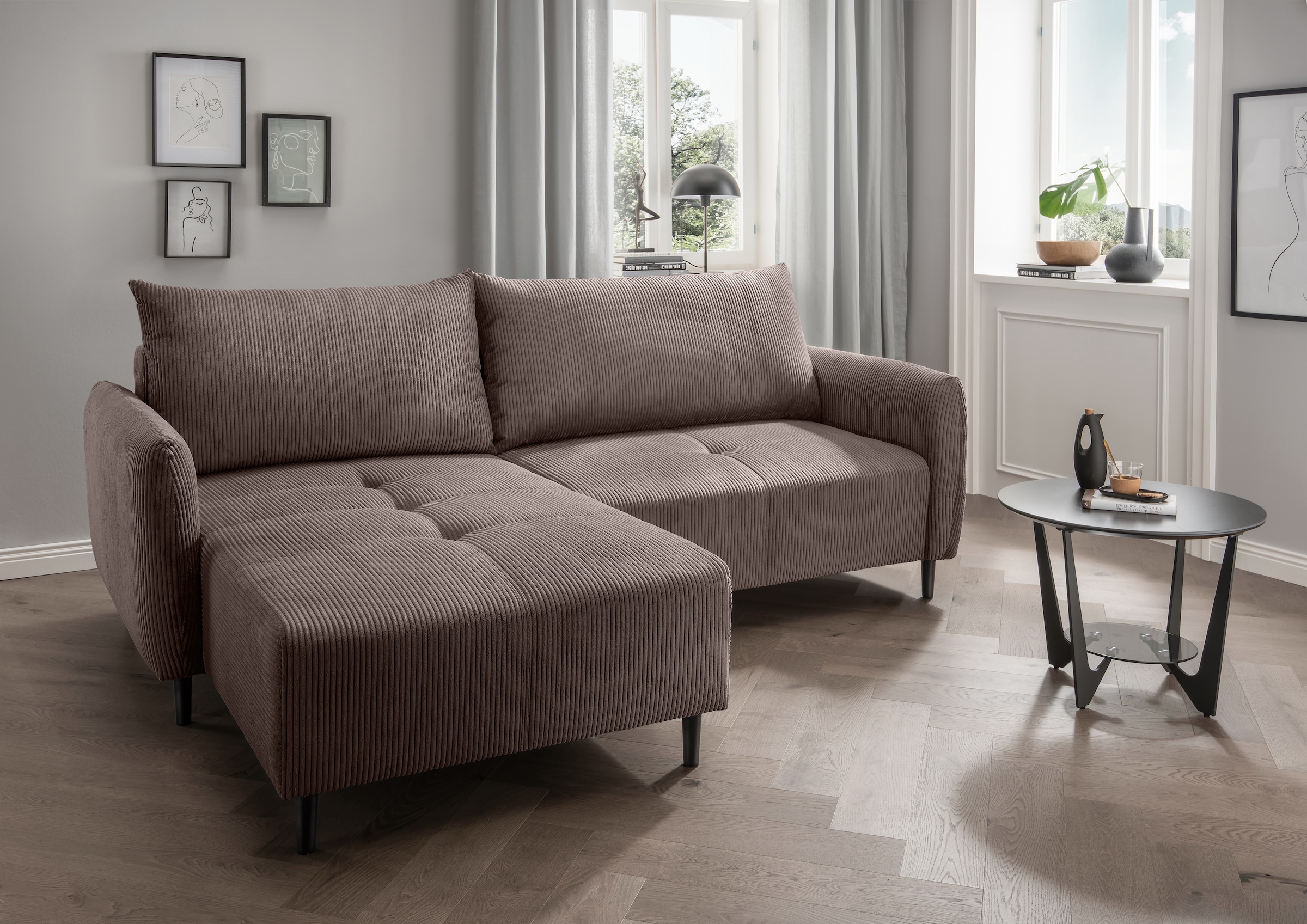 INOSIGN Ecksofa »Mara, L-Form, aktueller Cord Bezug und tolle Farben, schmale Armlehnen«, whlw. mit Bettfunktion,Recamiere links/rechts montierbar, Breite 238cm