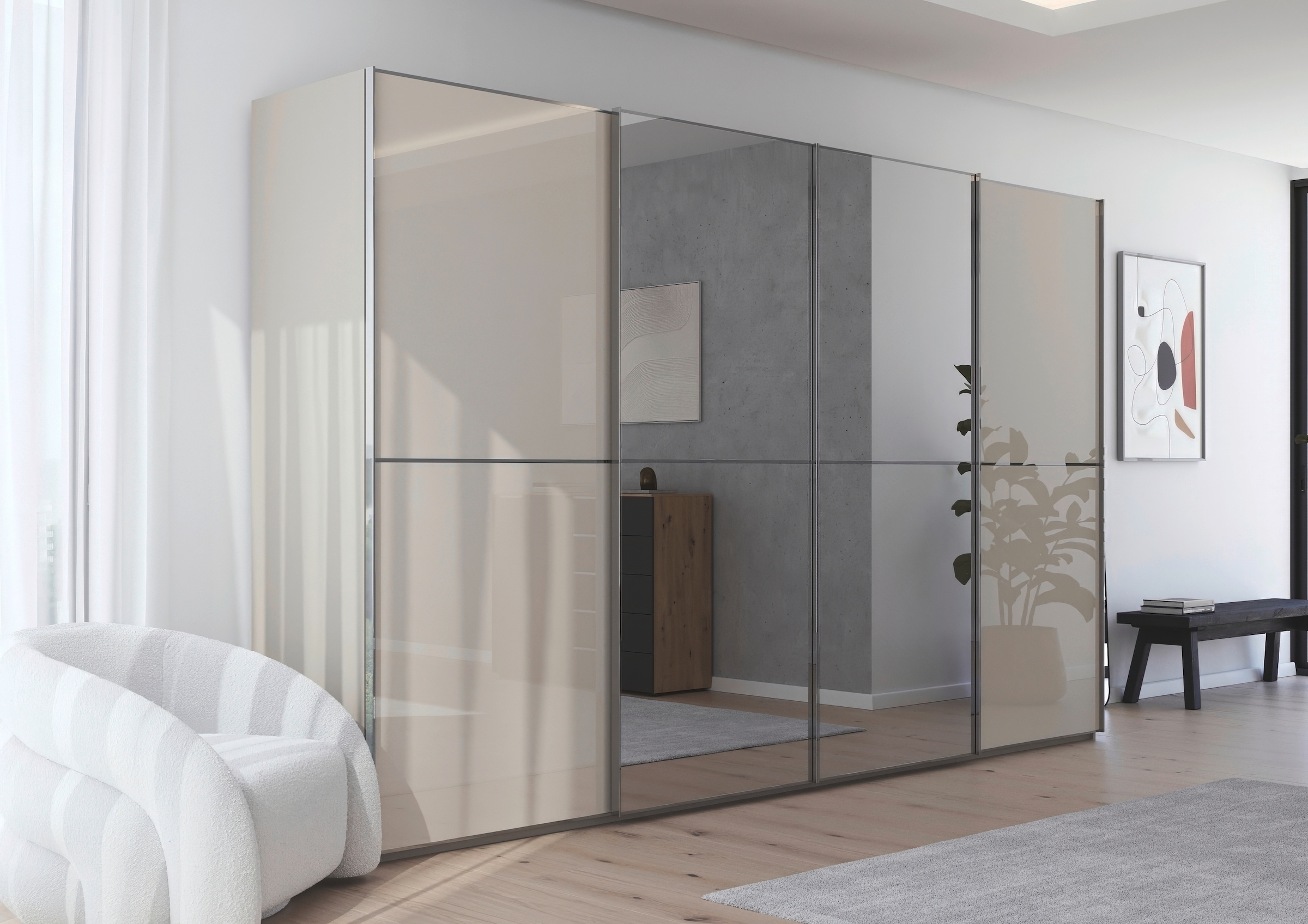 rauch Schwebetürenschrank »Kleiderschrank Schrank Garderobe Schlafzimmerschrank SCALE-DUO«, edle zweigeteilte Türen Spiegel/Glas-Mix 3 Zierleisten MADE IN GERMANY
