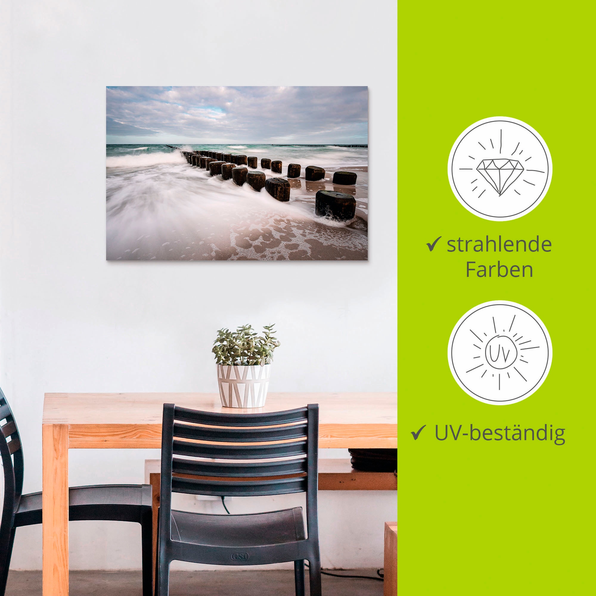 Artland Wandbild »Buhnen an Ostsee an stürmischen Tag«, Küstenbilder, (1 St.), als Alubild, Outdoorbild, Leinwandbild in verschied. Größen