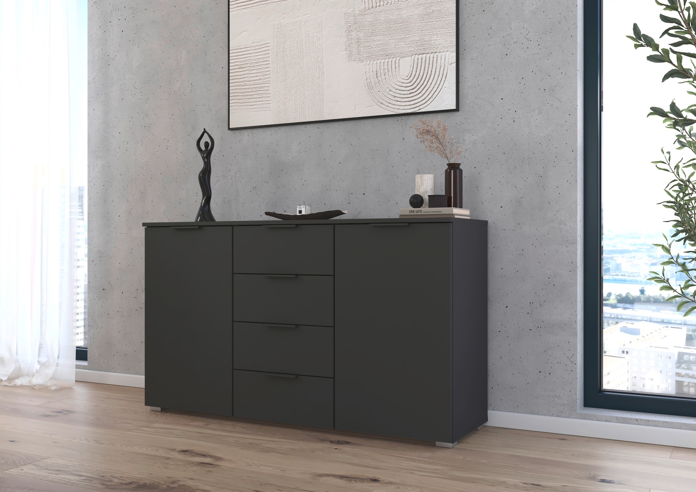 rauch Kombikommode »Sideboard Schubladenkommode AGORDO mit Dekor- oder Hochglanzfront«, (in zwei Griff-Farben, Breite 120 cm inkl. Soft-Close-Funktion), vier große Schubladen, mit insgesamt 4 Einlegeböden MADE IN GERMANY