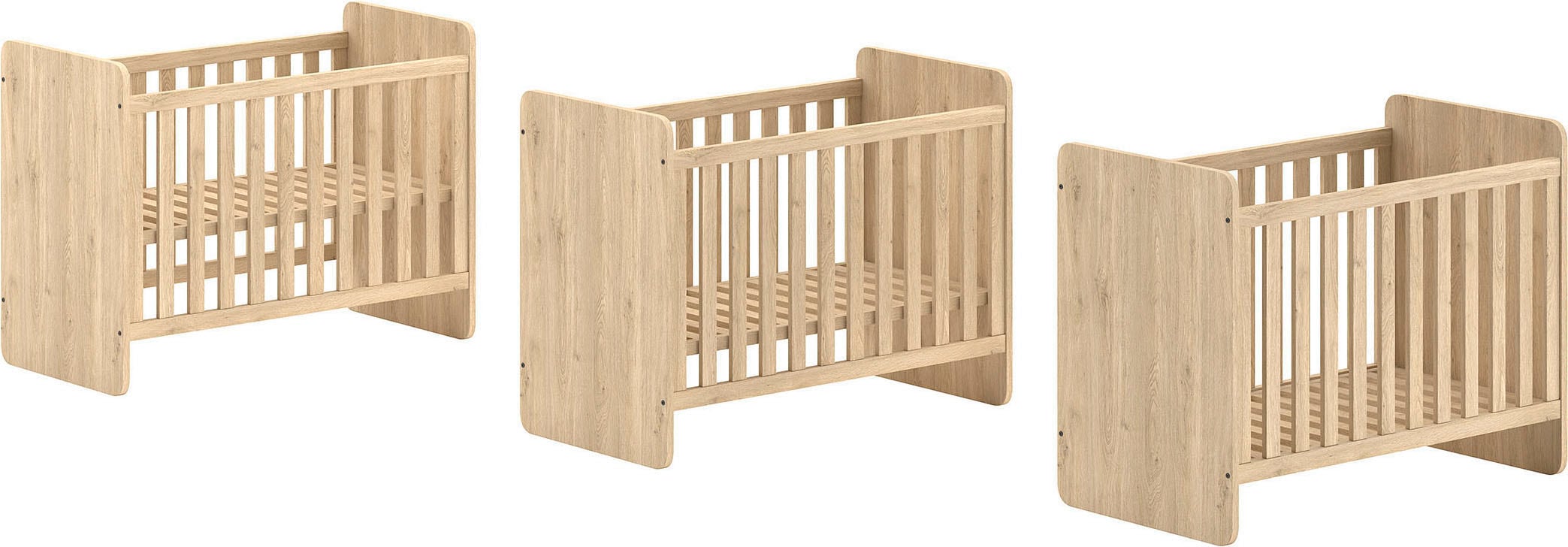 Vipack Babybett »SAM 60/120 cm, später umbau bar zum Juniorbett 90/200 cm« 3-fach verstellbarer Lattenrost beim Babybett, Eiche Dekor Oberfläche