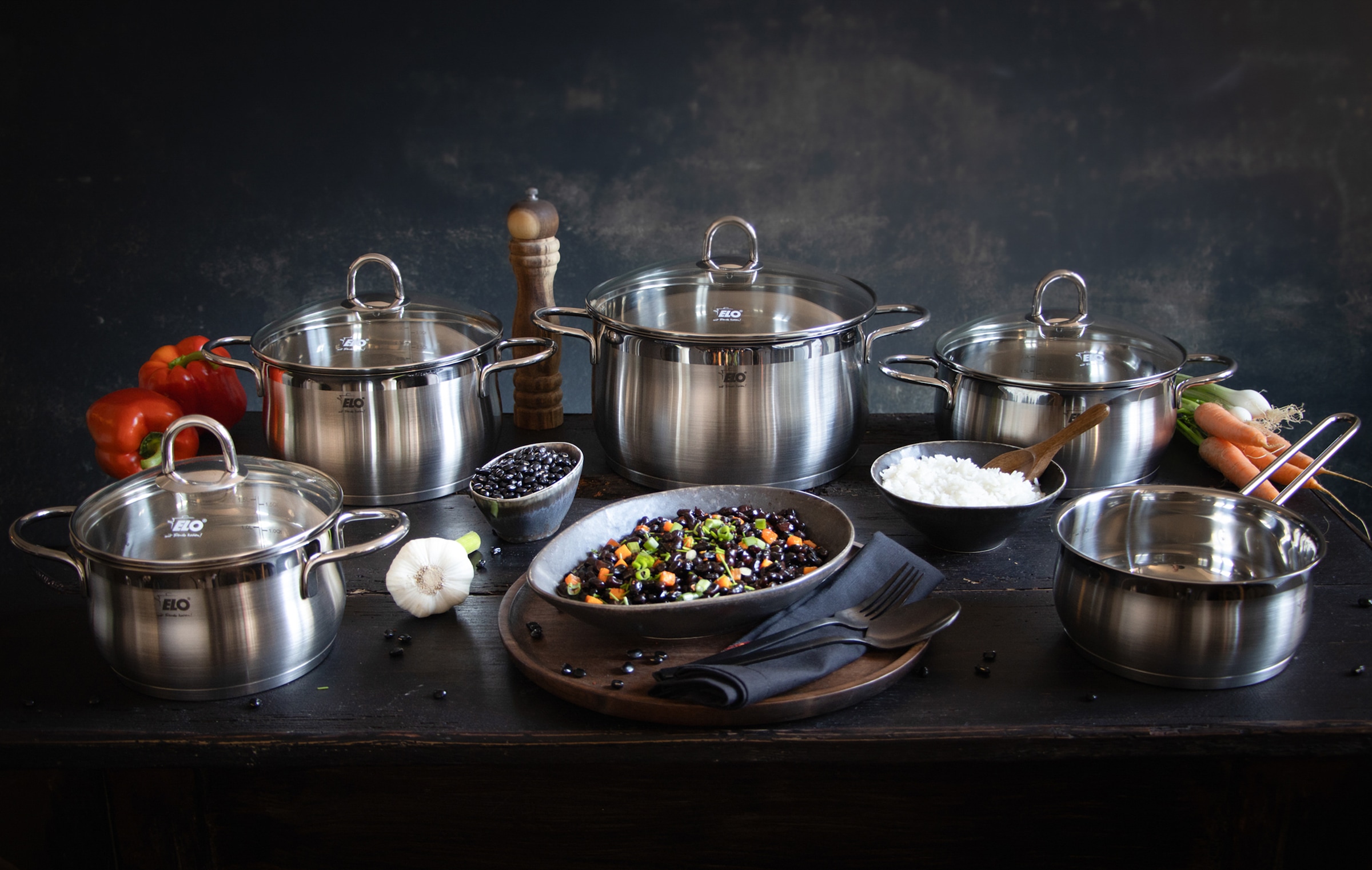 Elo Topf-Set »Platin« Set, 1 Bratentopf 20 cm, je 1 Fleischtopf 16/20/24 cm, 1 Kasserolle 16 cm, 9 Stk. tlg. Edelstahl 18/10