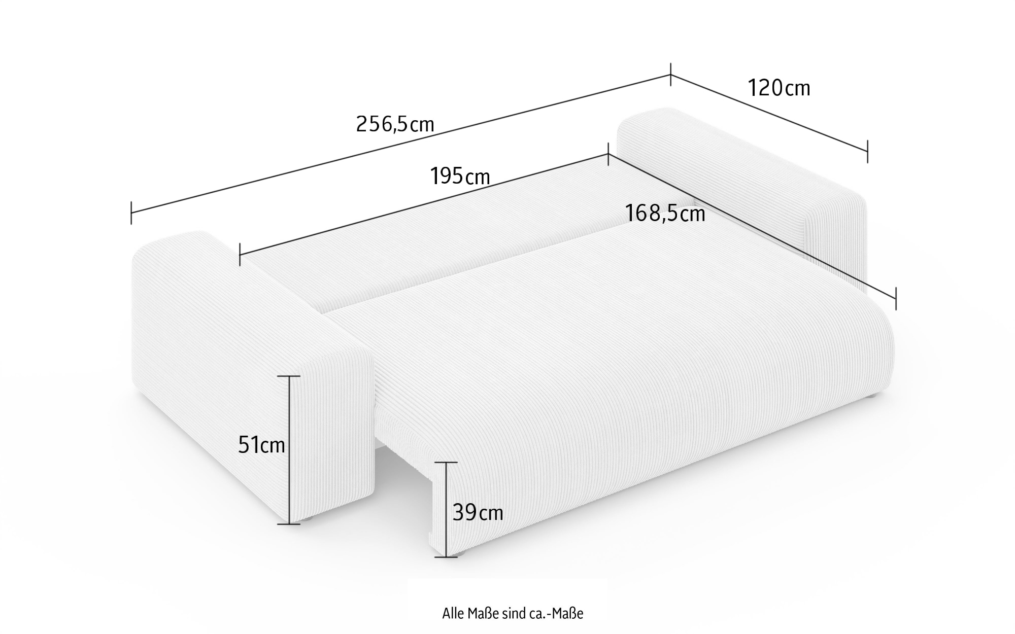 Home affaire Big-Sofa »LAKESIDE 3-Sitzer Schlafsofa mit Bettkasten, Breite 256,5 cm« Liegefläche 168,5x195 cm, hoher Sitzkomfort, Maße B/T/H: 256/122/82cm