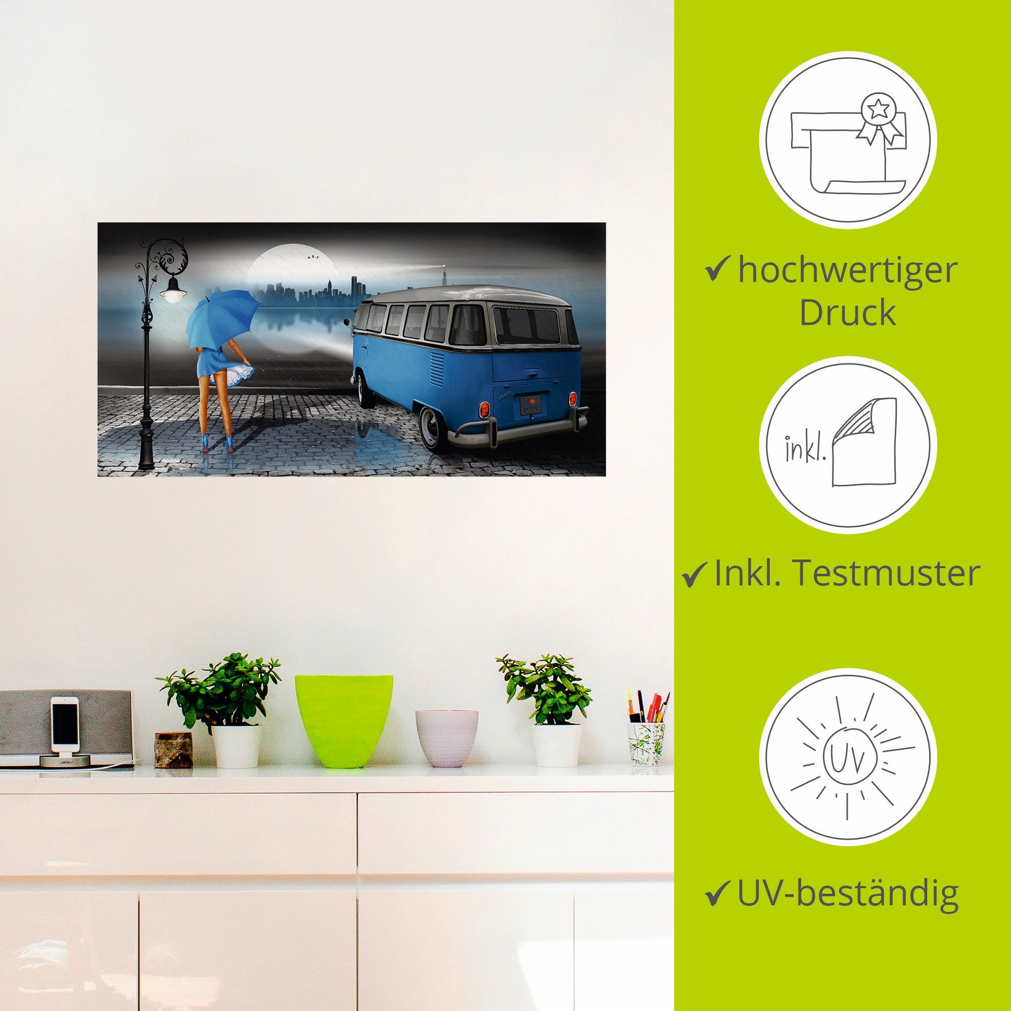Artland Wandbild »Regennacht in Blau mit Bulli T1«, Auto, (1 St.), als Leinwandbild, Poster, Wandaufkleber in verschied. Größen
