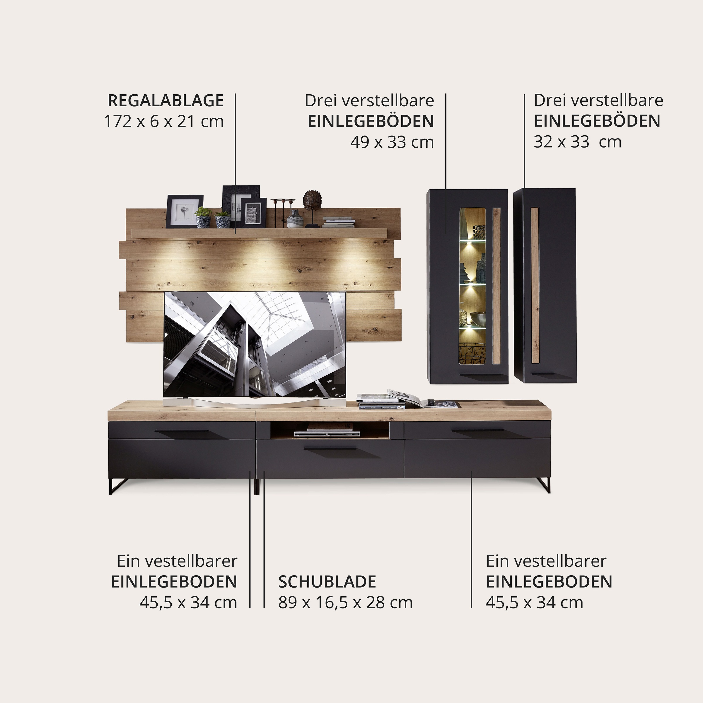Innostyle Wohnwand »Loft Two, TOPSELLER!«, (5 St., TV-Wand), inkl. LED-Beleuchtung