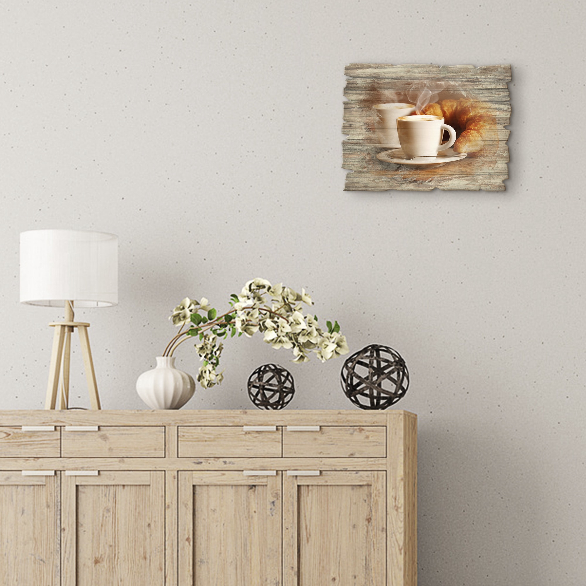 Artland Holzbild »Dampfender Cappuccino und Croissant«, Getränke, (1 St.)