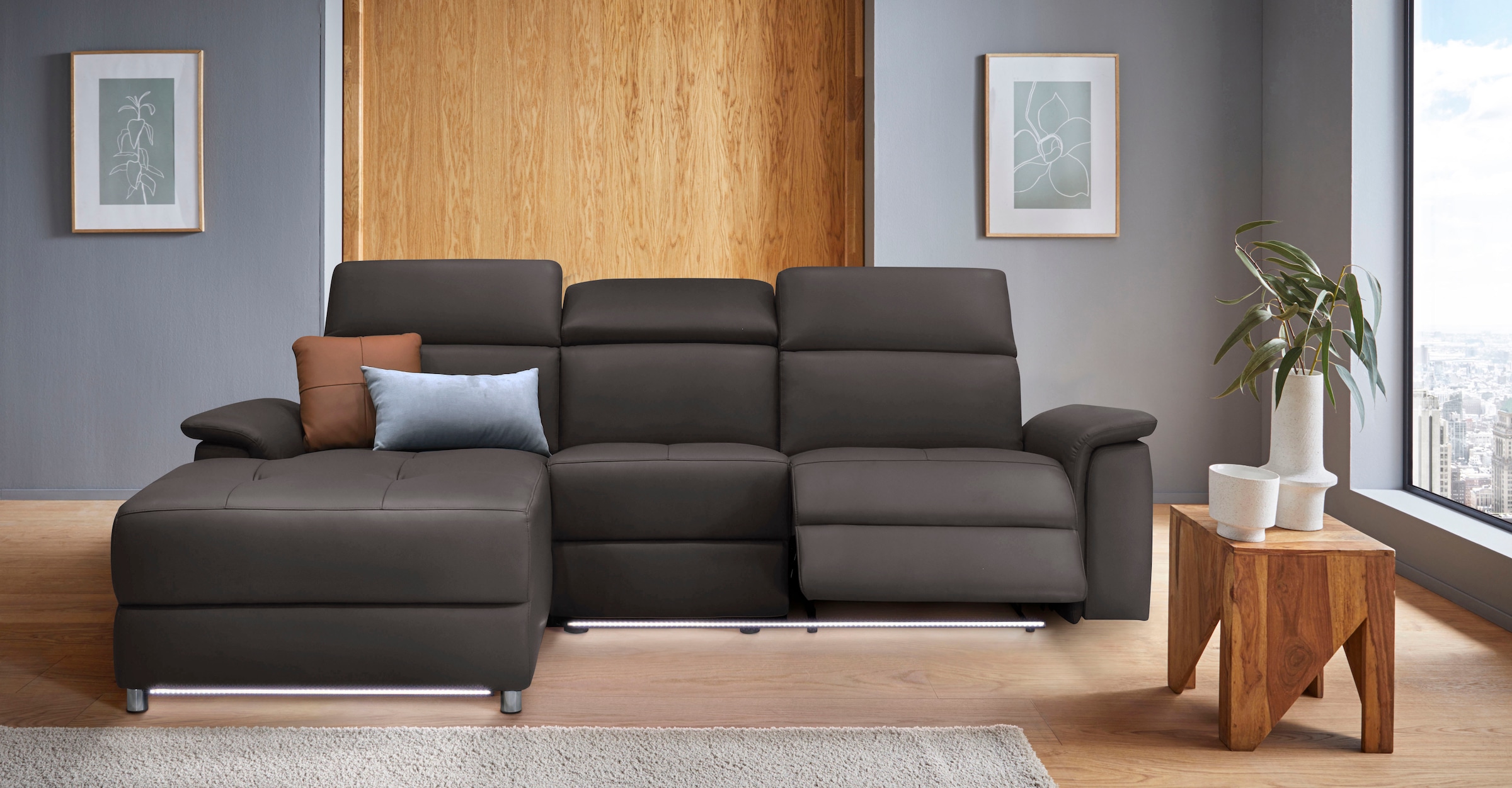 Places of Style Ecksofa »Pareli, L-Form, 259cm,m. Recamiere, Echtleder, Kunstleder, Webstoff«, man. o. elektr. Relaxfunktion, USB/Kopfteilverstellg u. LED