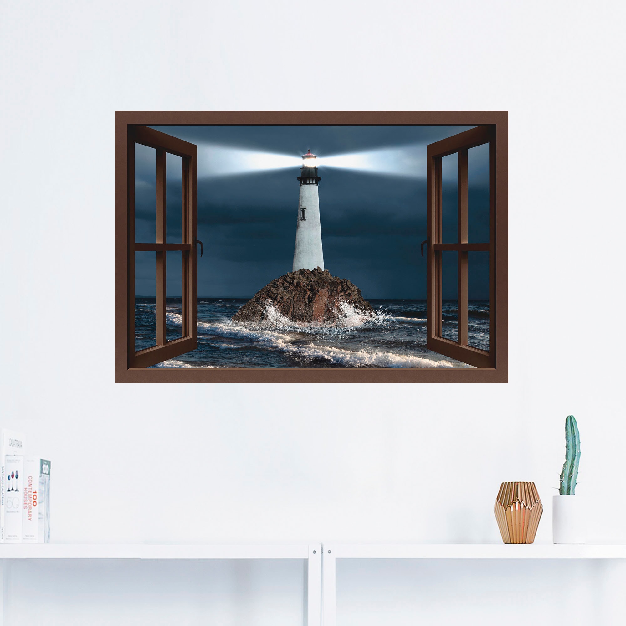 Artland Wandbild »Fensterblick Leuchtturm mit Lichtstrahl«, Gebäude, (1 St.), als Leinwandbild, Wandaufkleber in verschied. Größen