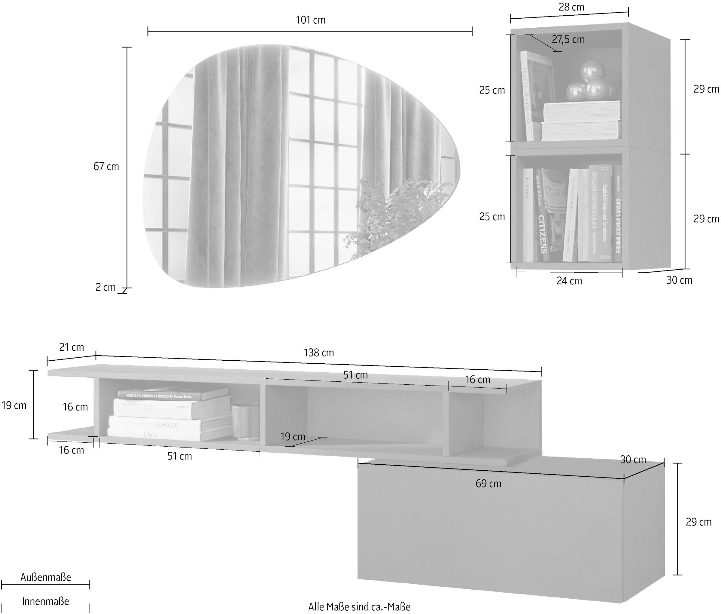 INOSIGN Garderoben-Set »INFINITY, 4tlg. Breite 150 cm, Höhe variabel, moderne Garderobe«, (Spar-Set, 4 St.), (Hängeschrank, Wandregal, Würfelregal 2er Set, Spiegel) Diele, Flur