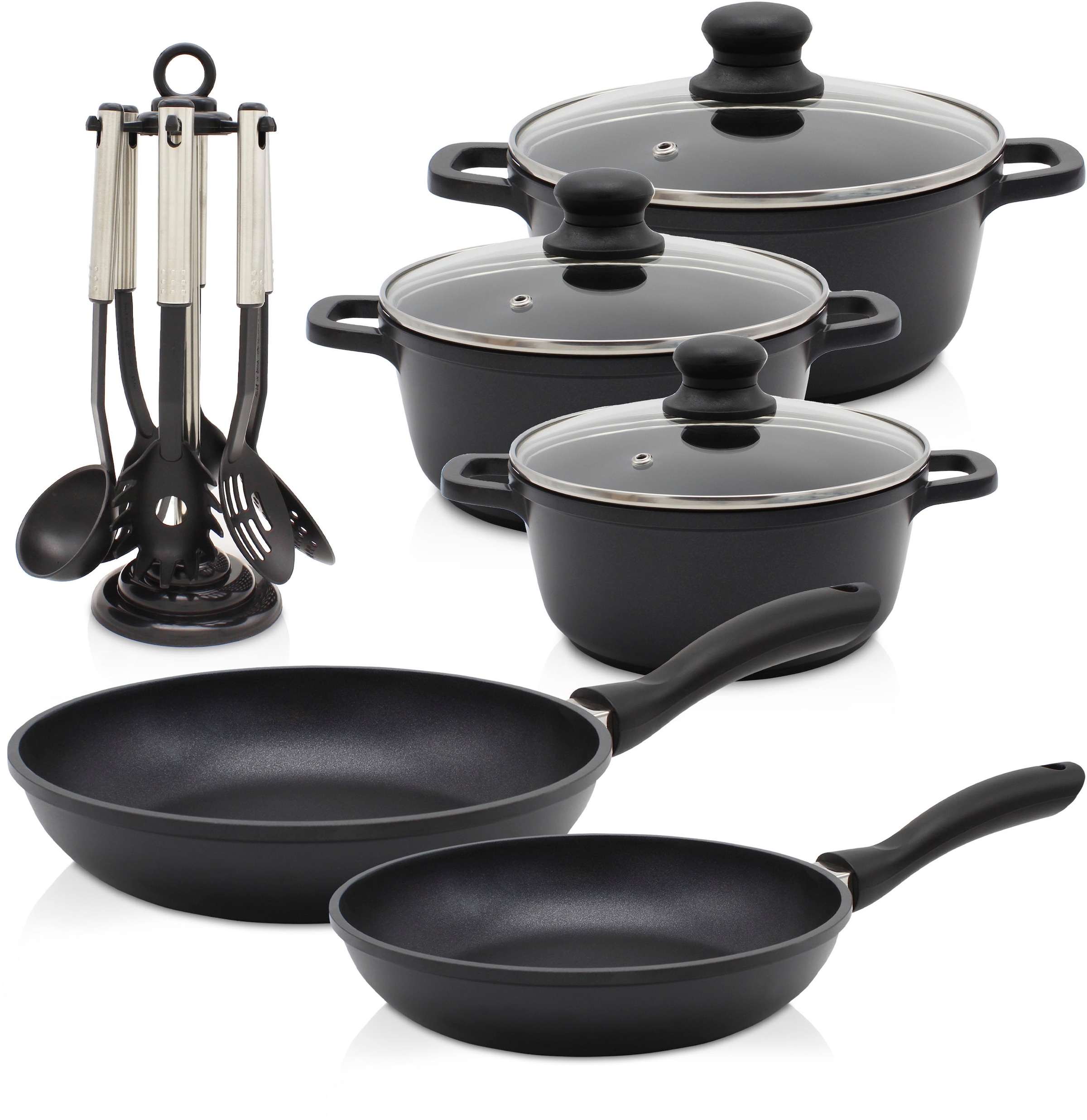 KRÜGER Topf-Set »Aluguss Topf-/ Pfannenset LEIPZIG inkl. Küchenhelfern, 15 tlg.« Set, Fleischtopf 16+20+24 cm, Pfanne flach 20+28 cm, 7 tlg....