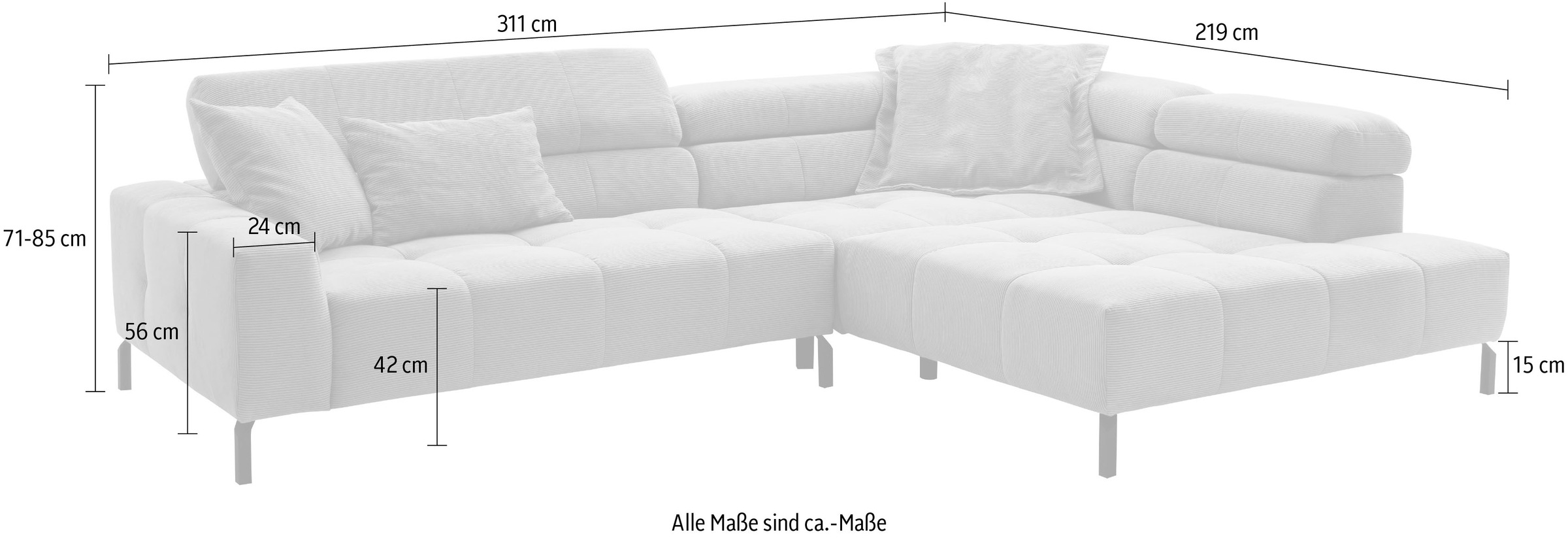 Home affaire Ecksofa »Claya, L-Form,  incl. Kopfteilverstellung, Breite 311 cm« ohne elektrischen Sitzvorzug