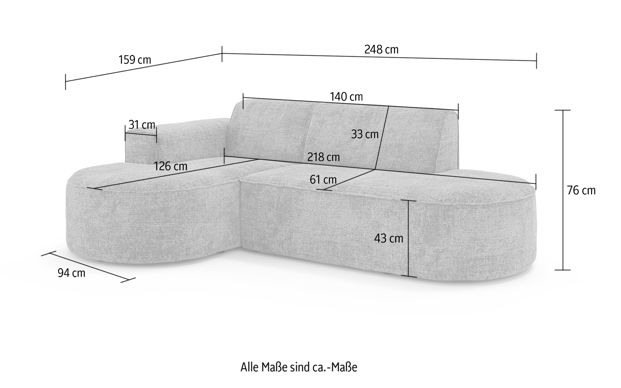 OTTO home Ecksofa »ADELLA Design-Sofa mit Recamiere rechts/links, 248/159/76 cm«, L-Form mit Wellenunterfederung, runde Form, auch in Cord