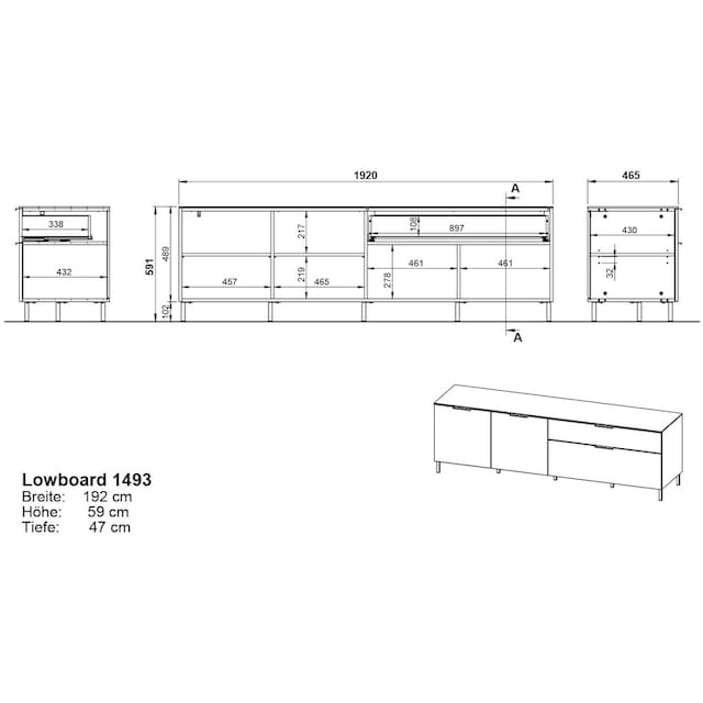 GERMANIA Lowboard »California«, Breite 192 cm, mit filigraner Deckplatte  online bestellen
