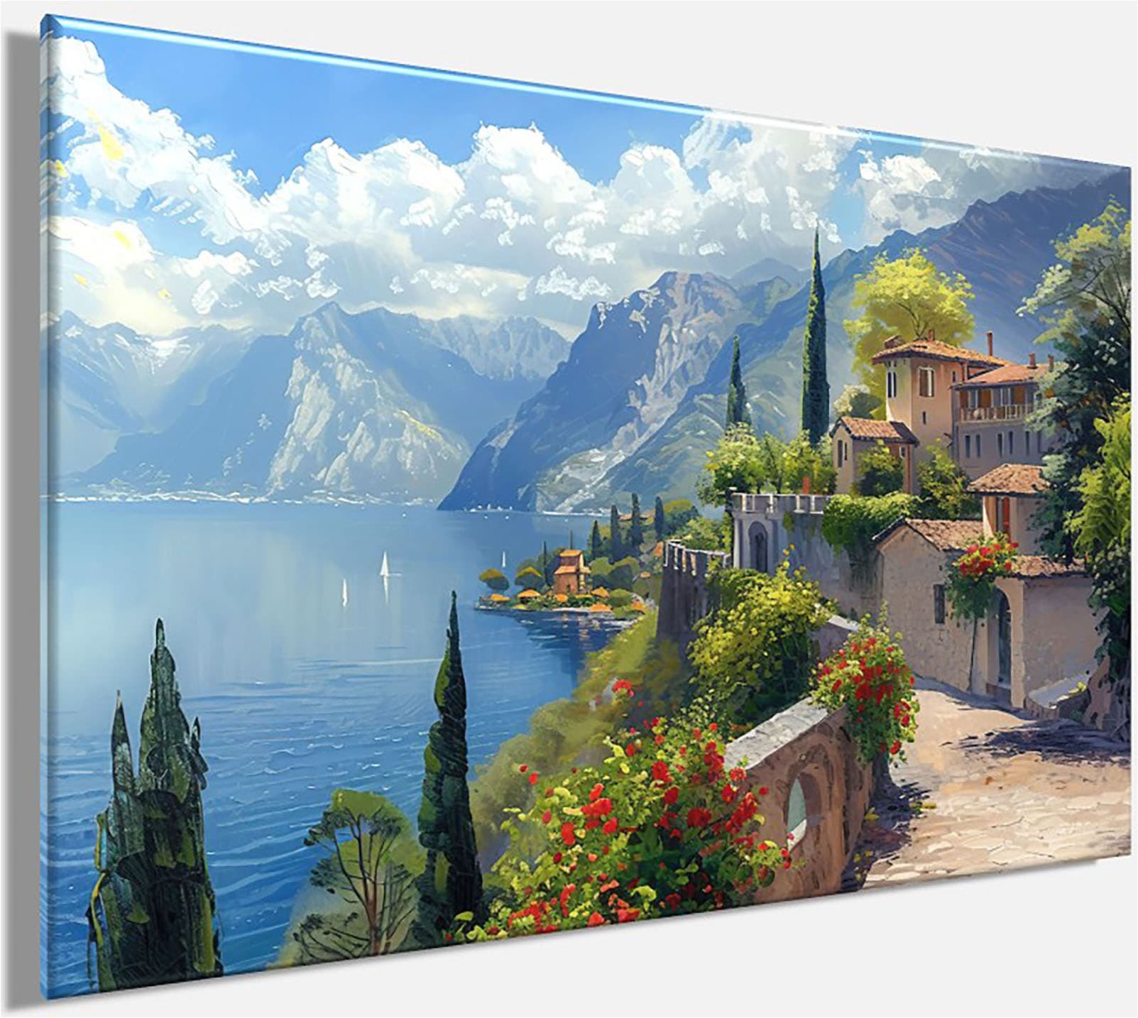 Bönninghoff Leinwandbild »Wandbild STADT AM BERGSEE 60x90 cm – Leinwandbild Keilrahmen Deko« Berge | Gebäude | Italien | Landschaft | Natur | See | Seebilder 1 Stk. tlg. auf Keilrahmen gespannt