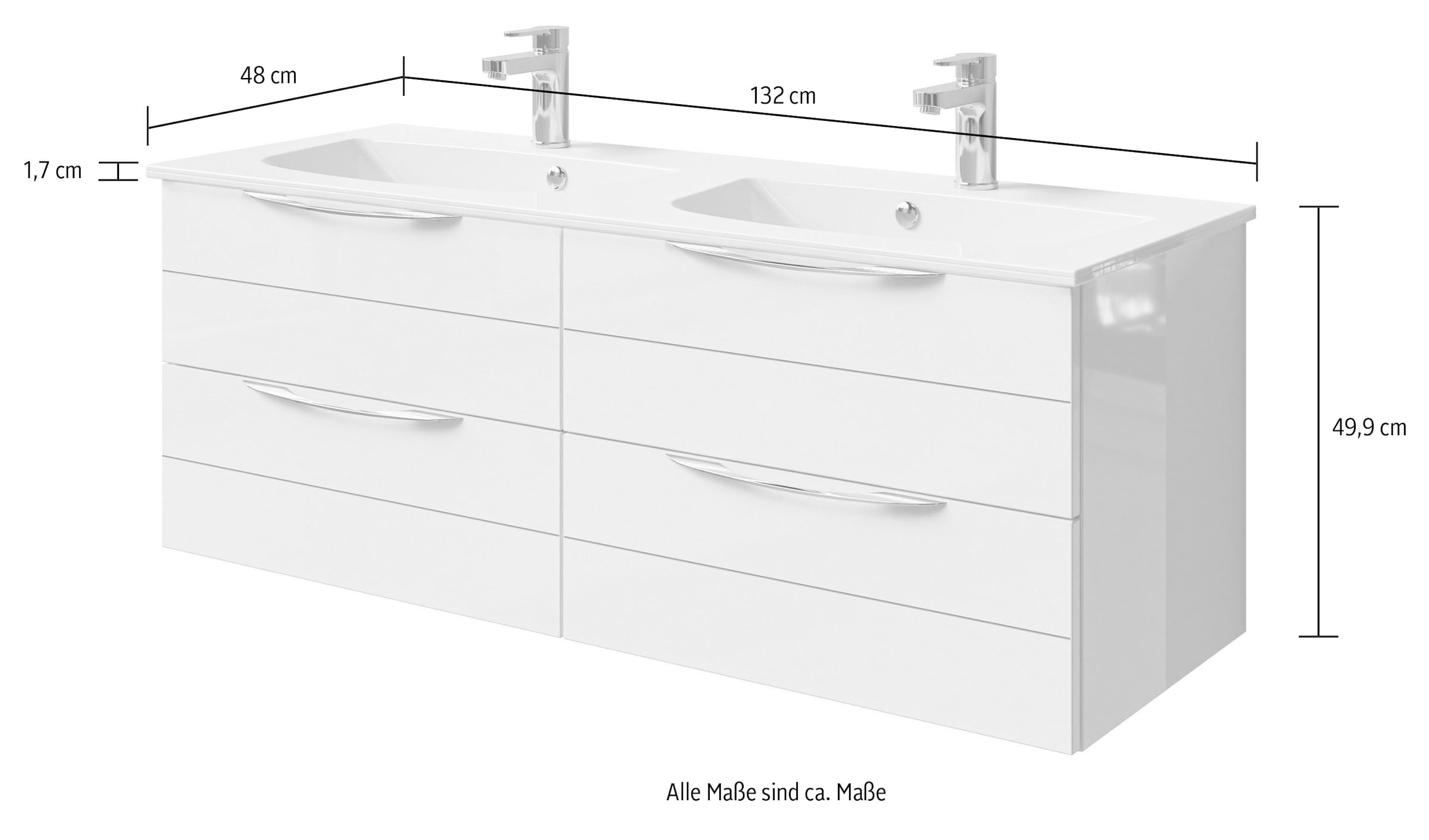 Saphir Waschtisch »Serie 6025 Mineralmarmor-Waschtisch mit Unterschrank, 132 cm breit«, Doppel-Waschplatz mit 4 Schubladen, hängend, verschiedene Ausführungen