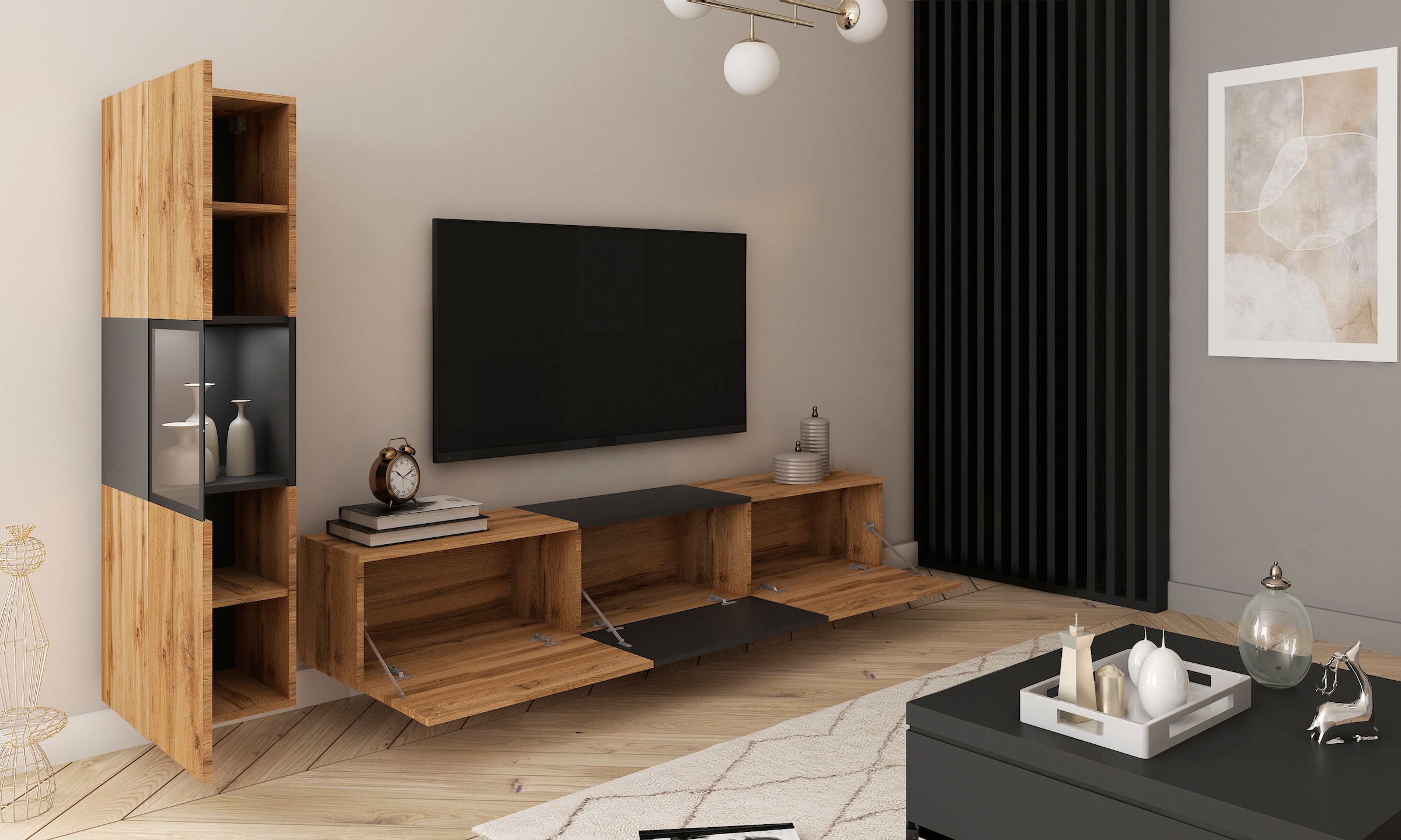 INOSIGN Wohnwand »BERLIN I, Vitrine Türschlag links/rechts wechselbar«, (Komplett-Set, 2 St.), moderne grifflose Mediawand Breite 220 cm, Vitrine mit Verglasung